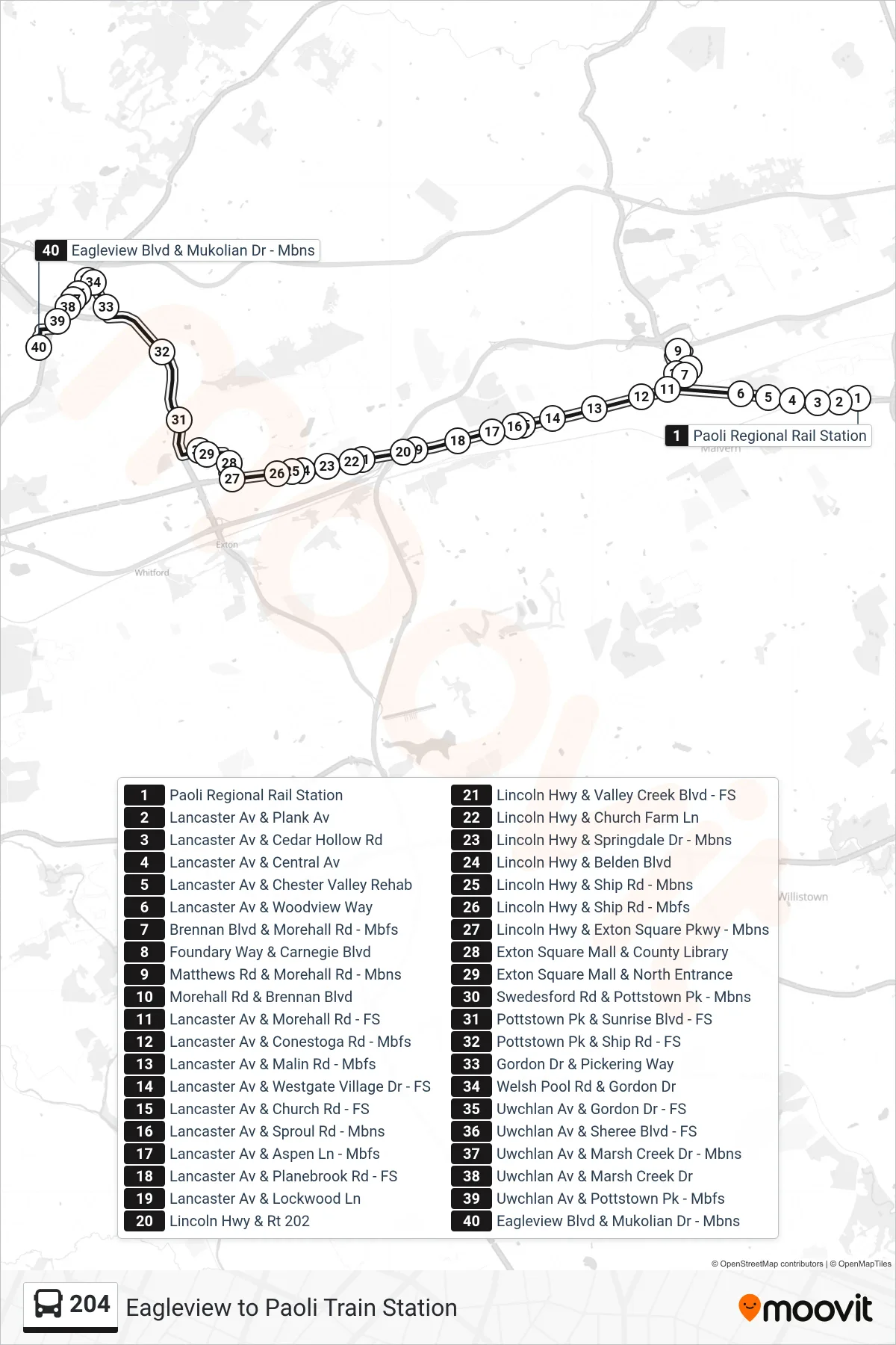 204 bus Line (Lionville) route and stops on a map
