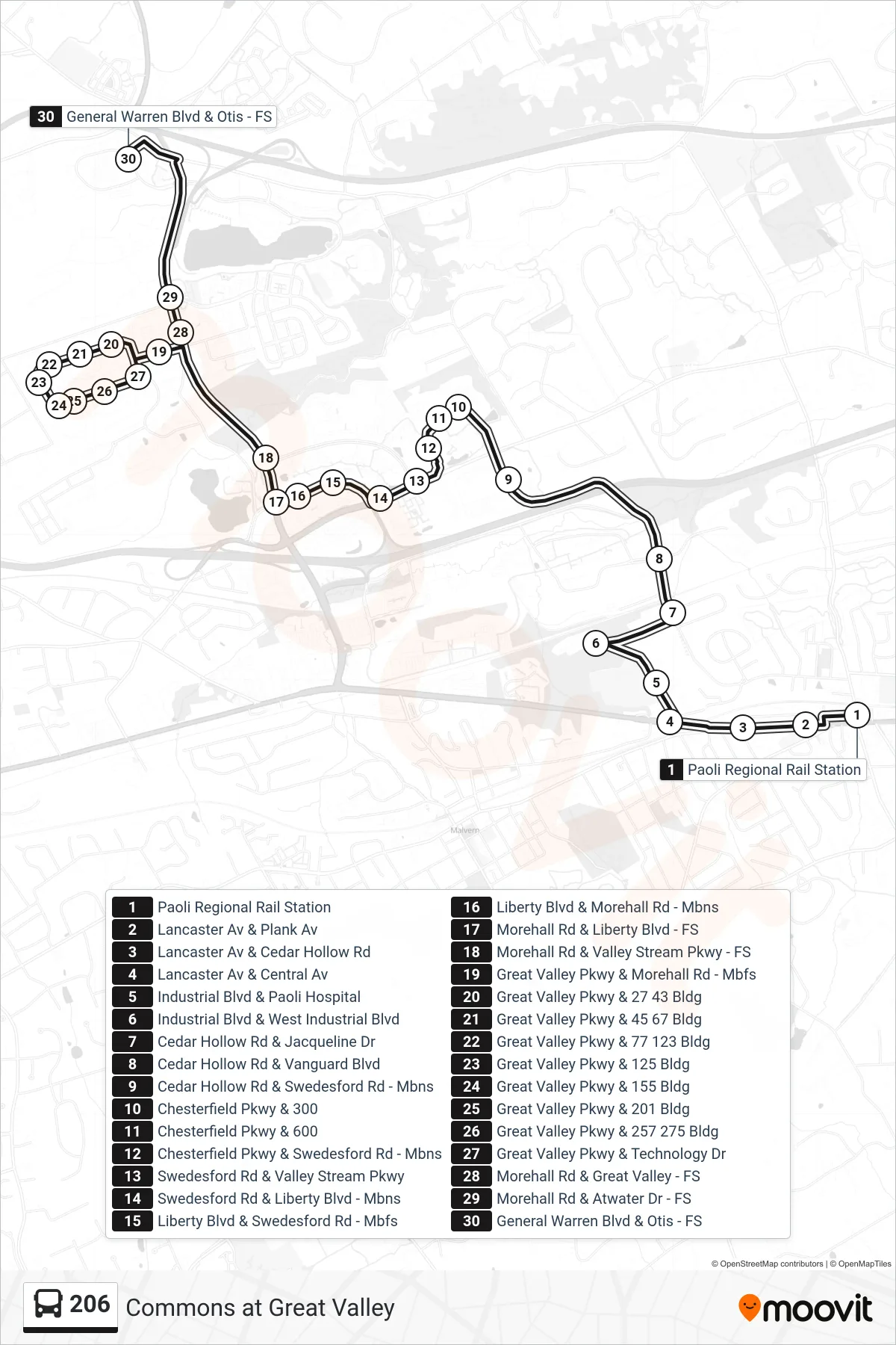 206 bus Line (Commons at Great Valley) route and stops on a map