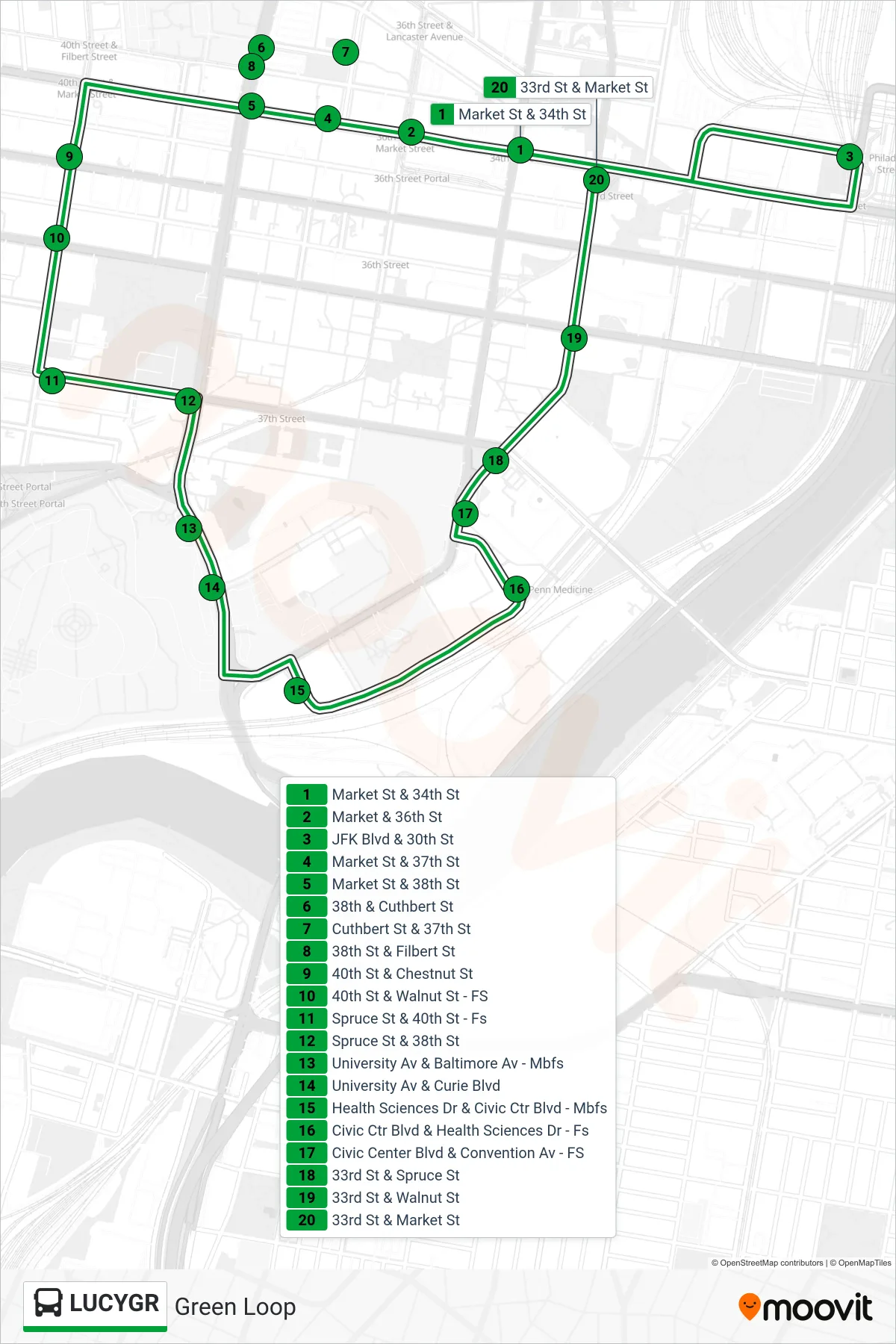 LUCYGR bus Line (Green Loop) route and stops on a map