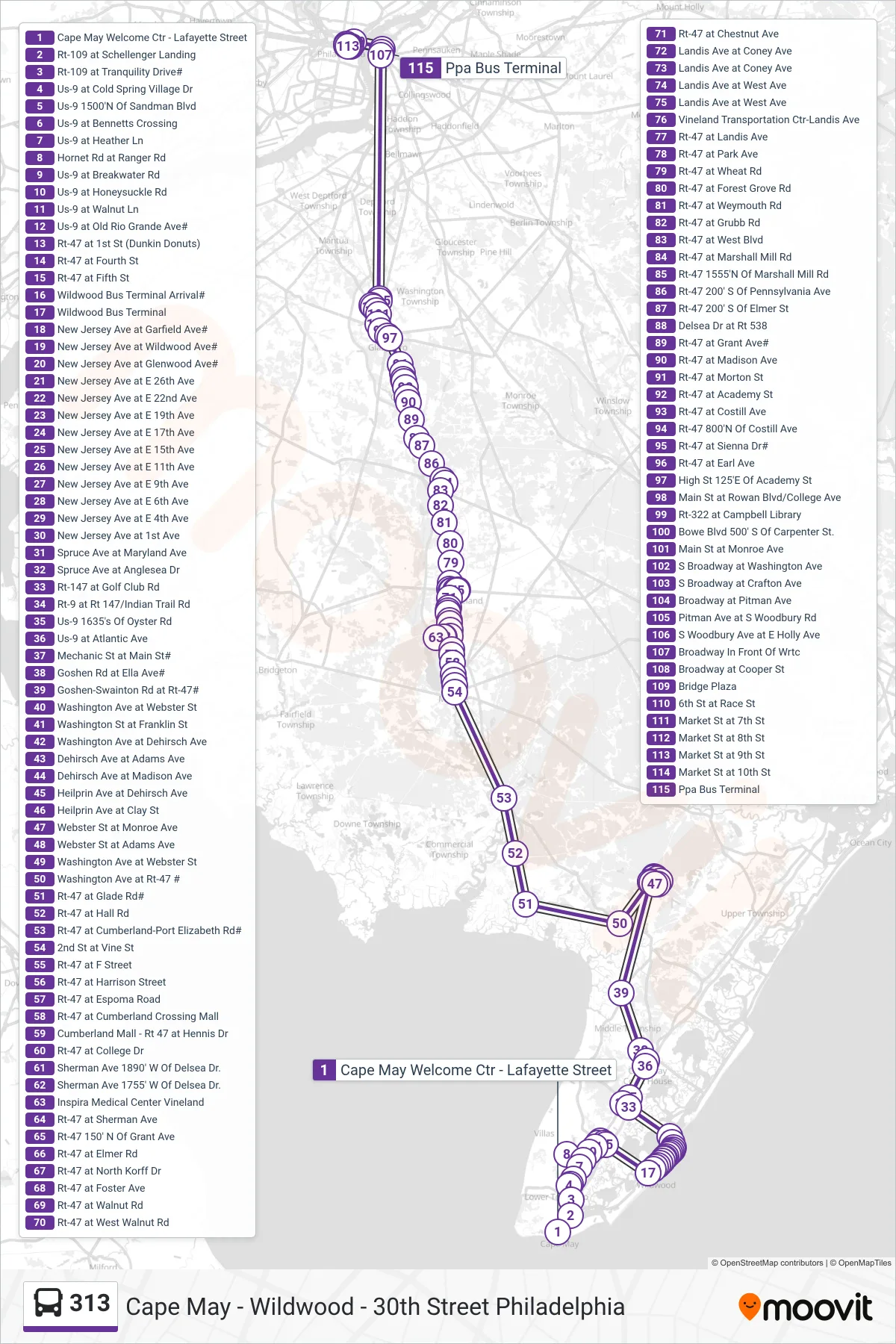 313 bus Line (Philadelphia 30th Street) route and stops on a map