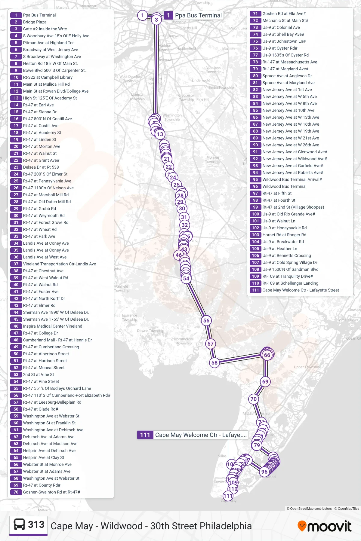 313 bus Line (Wildwood Rio Grande Cape May) route and stops on a map