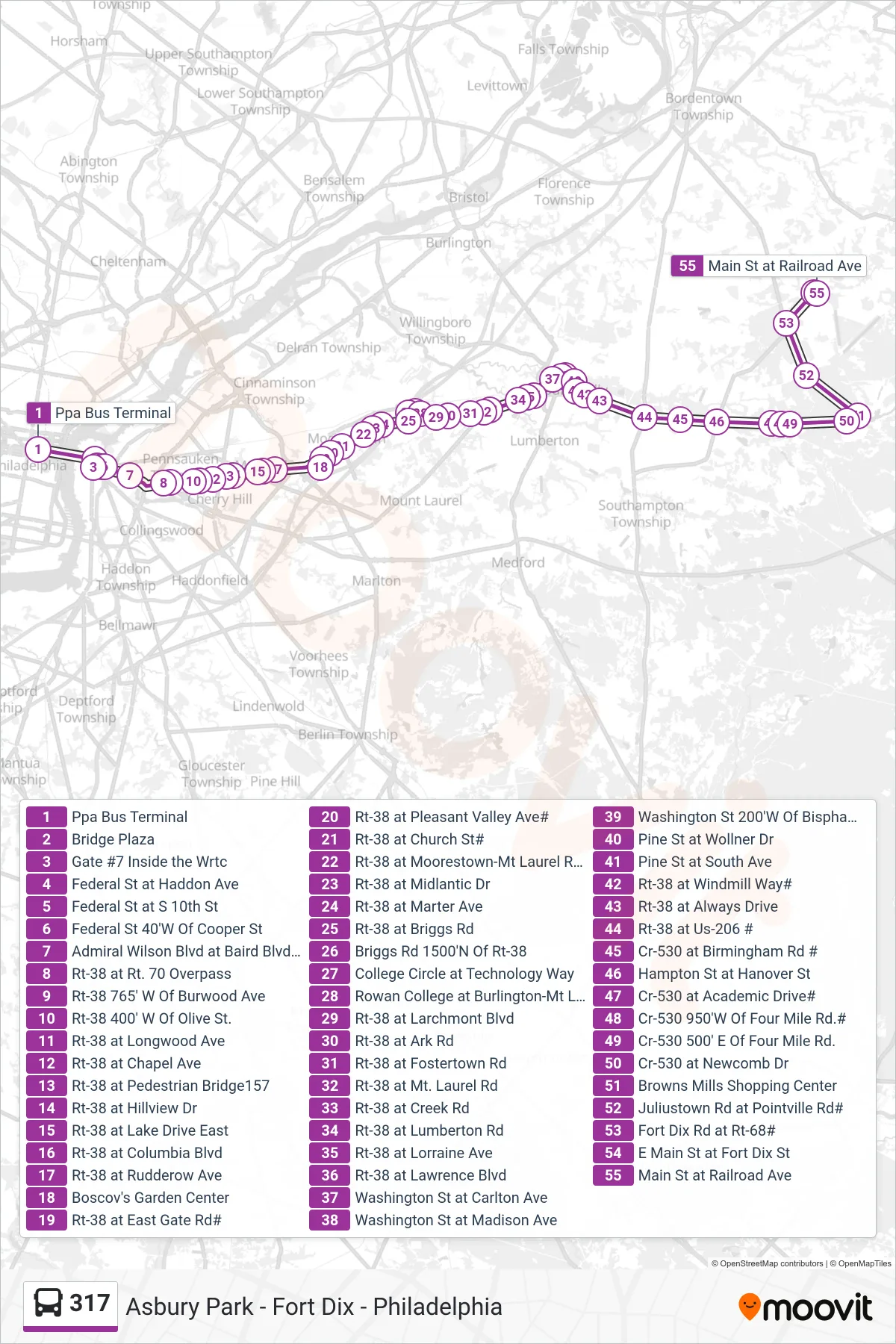 317 bus Line (Wrightstown Rowan Col) route and stops on a map