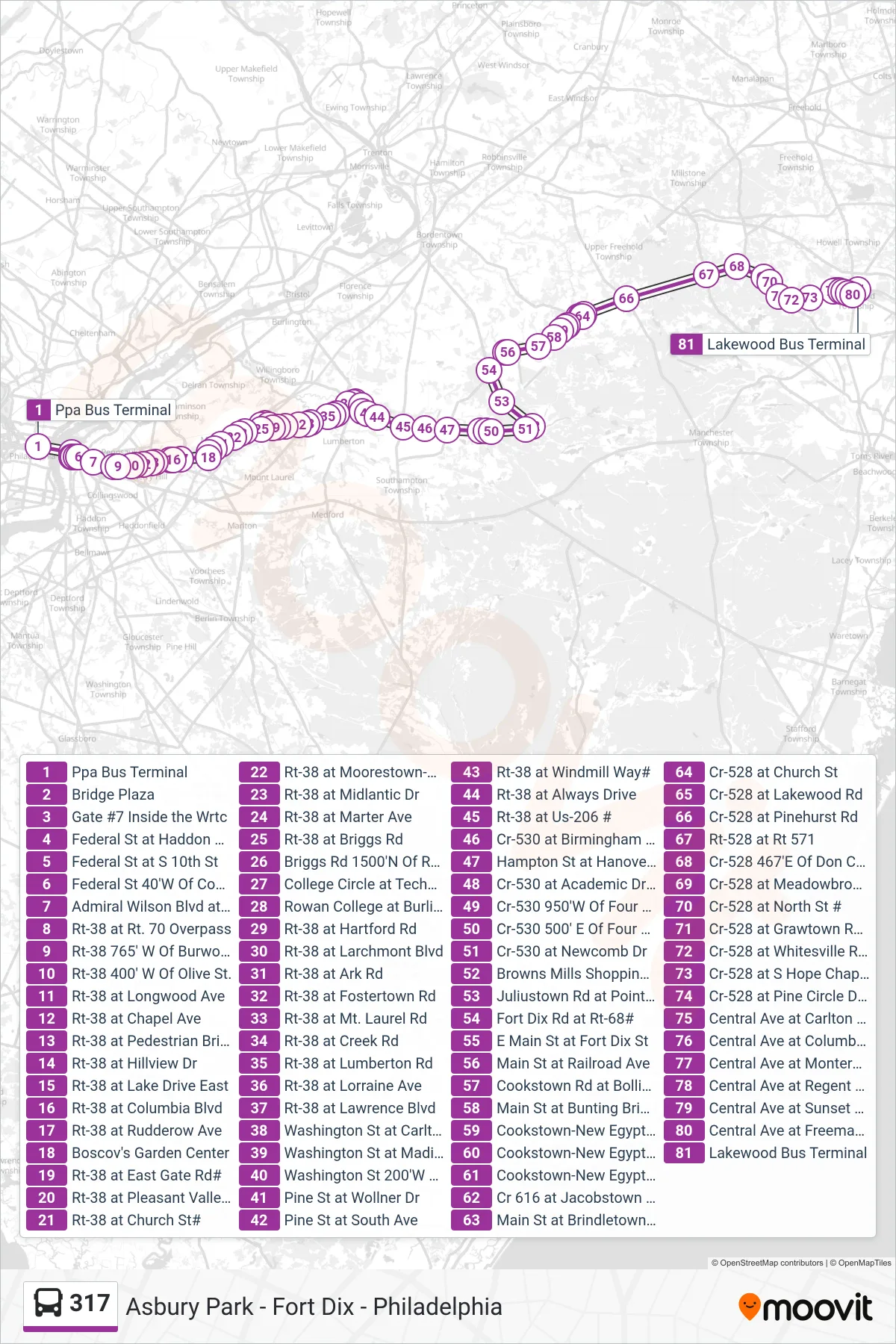 317 bus Line (Lakewood) route and stops on a map