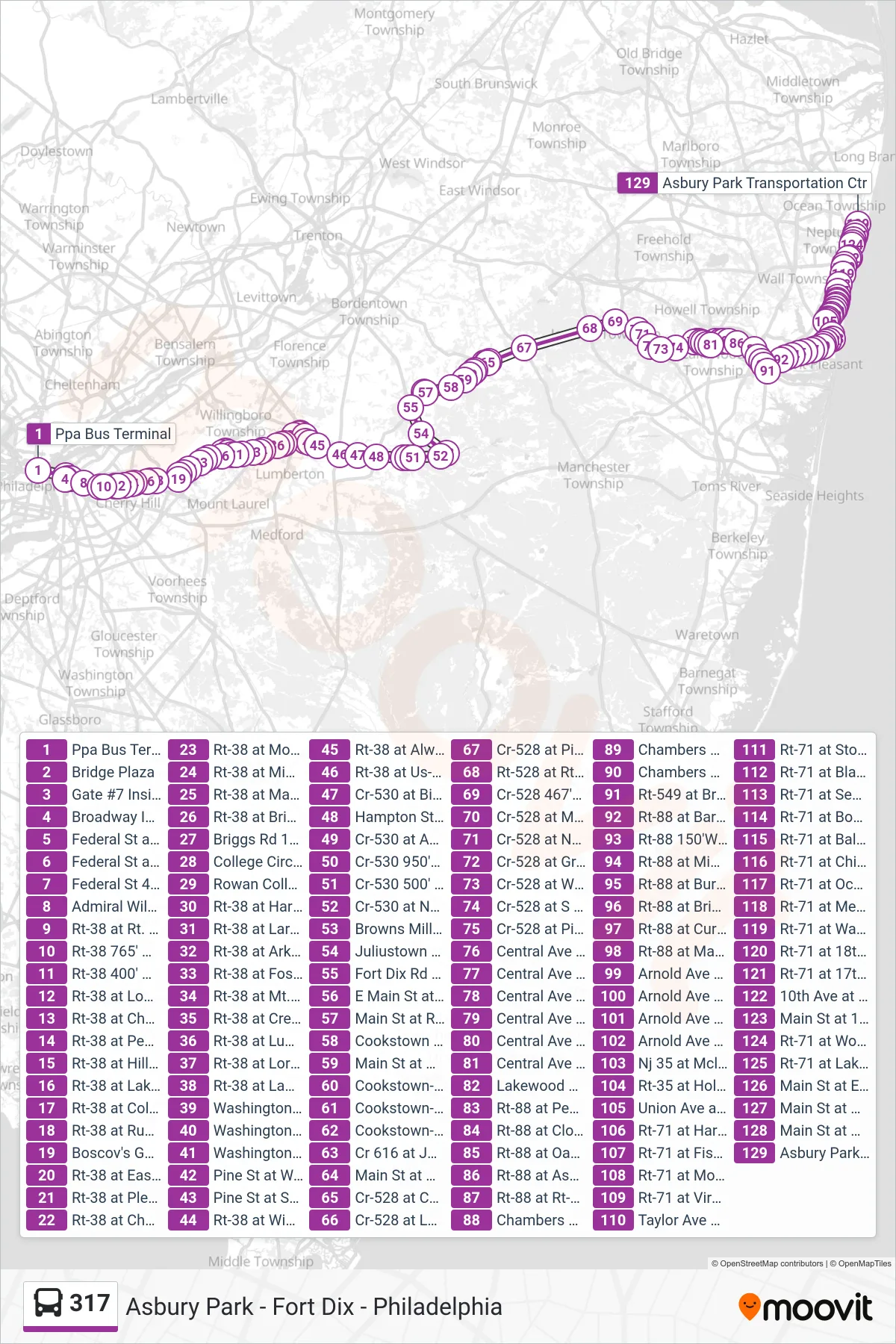 317 bus Line (Asbury Park) route and stops on a map