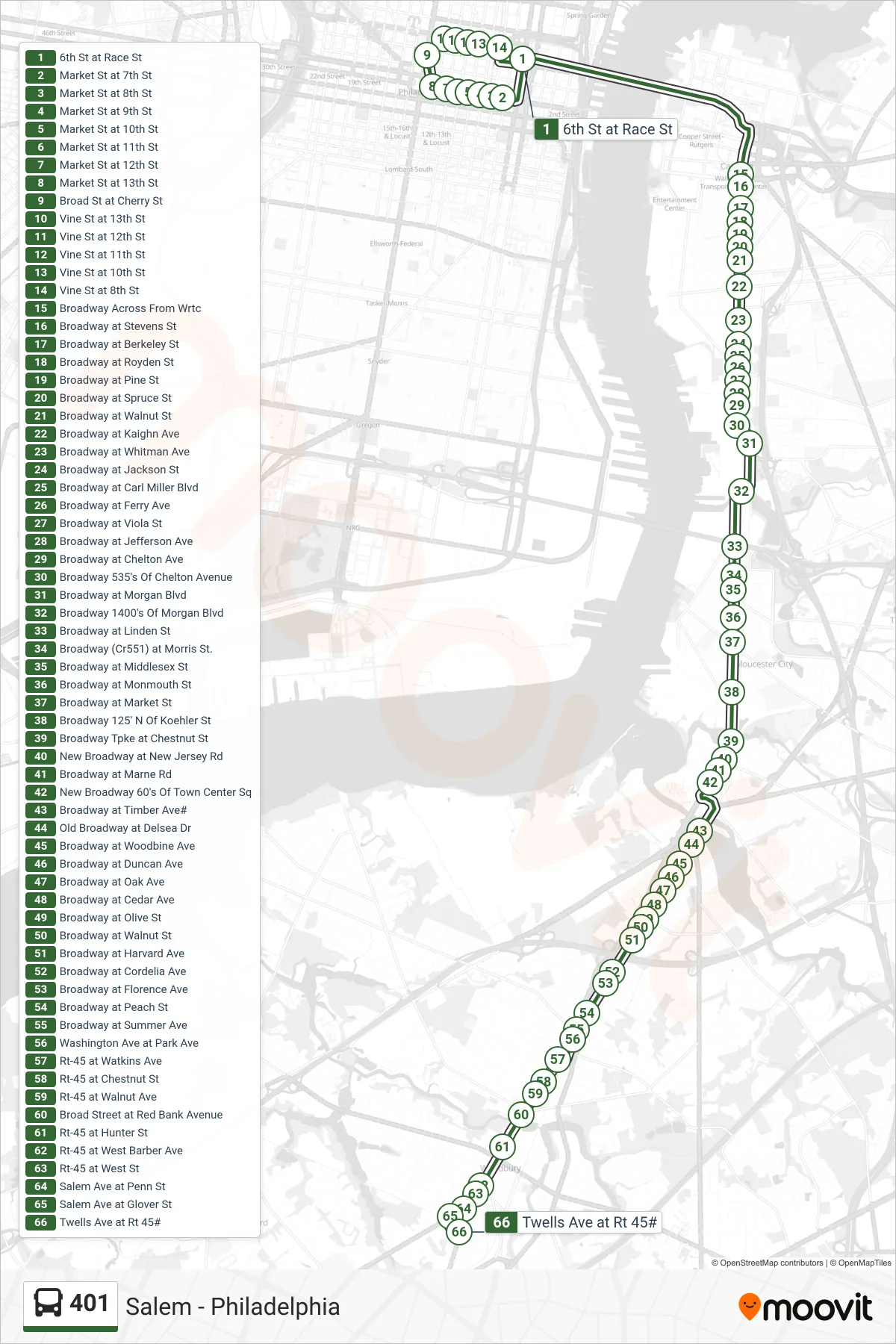 401 bus Line (Woodbury) route and stops on a map