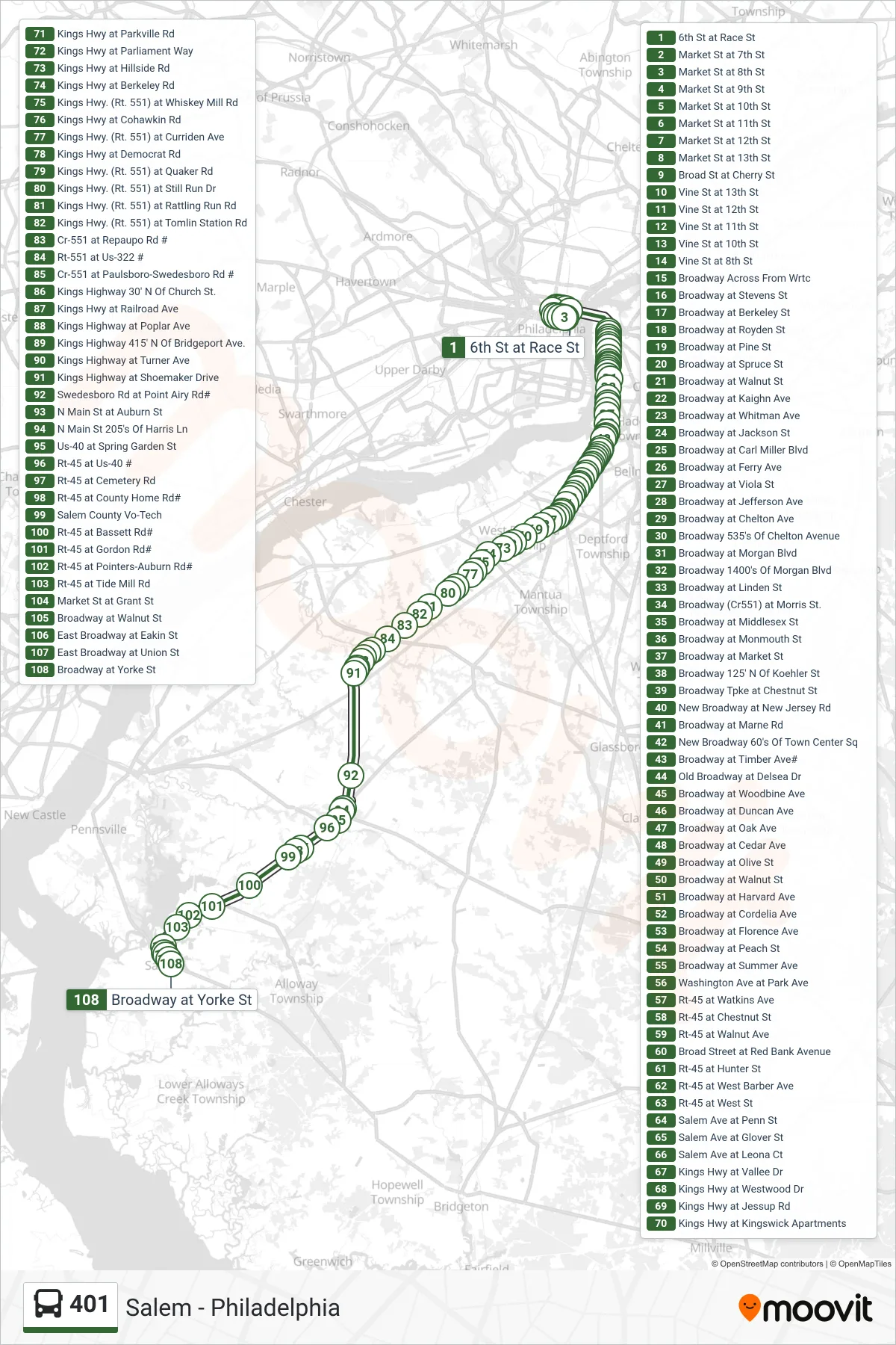 401 bus Line (Salem) route and stops on a map