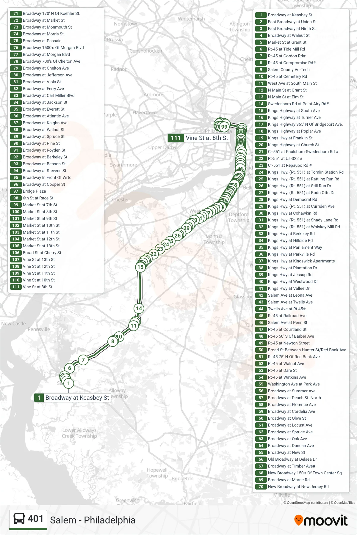 401 bus Line (Philadelphia) route and stops on a map
