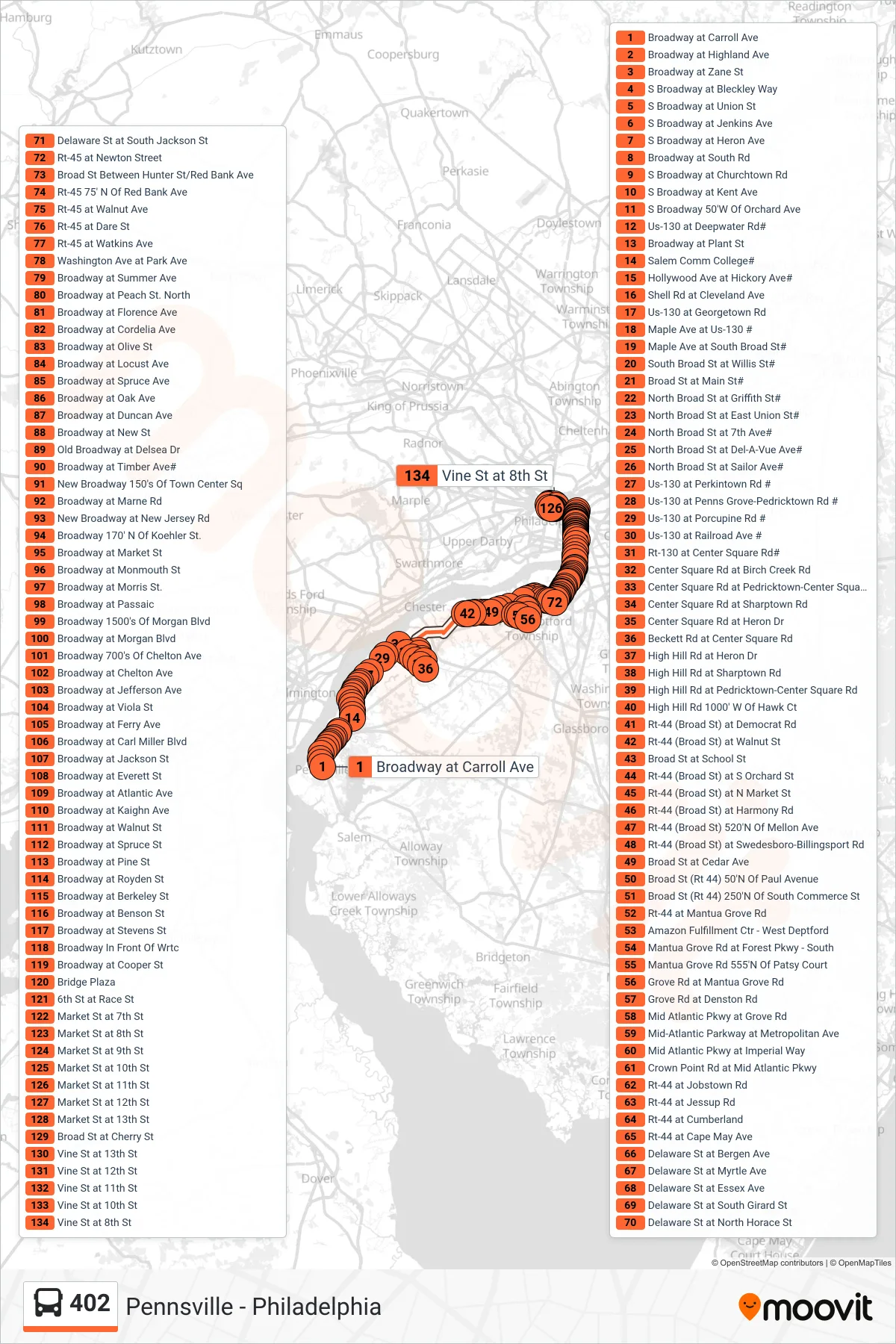 402 bus Line (Philadelphia) route and stops on a map