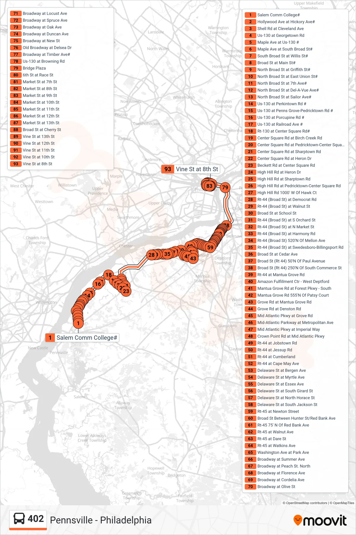 402 bus Line (Phily Exp Via Brooklawn) route and stops on a map