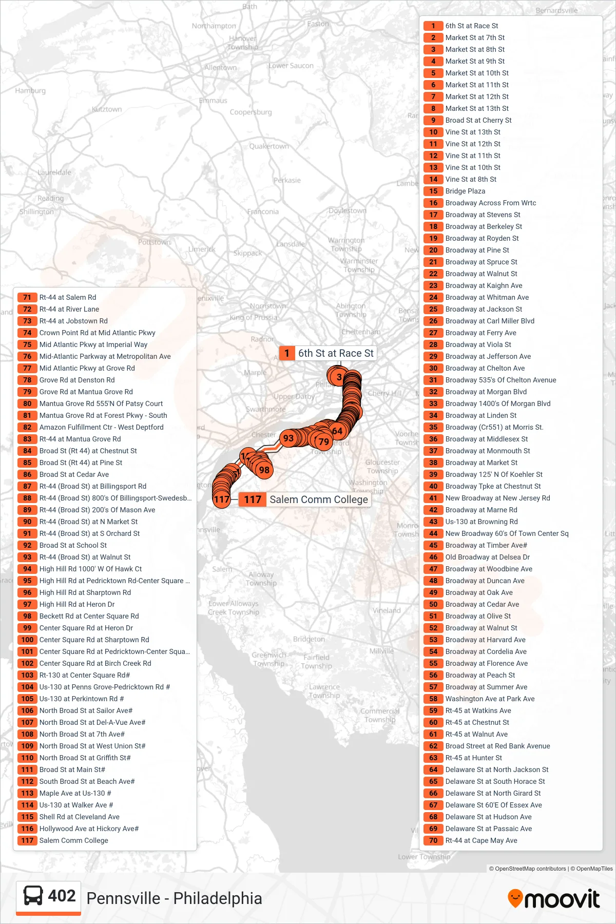 402 bus Line (Carneys Point Salem County College) route and stops on a map