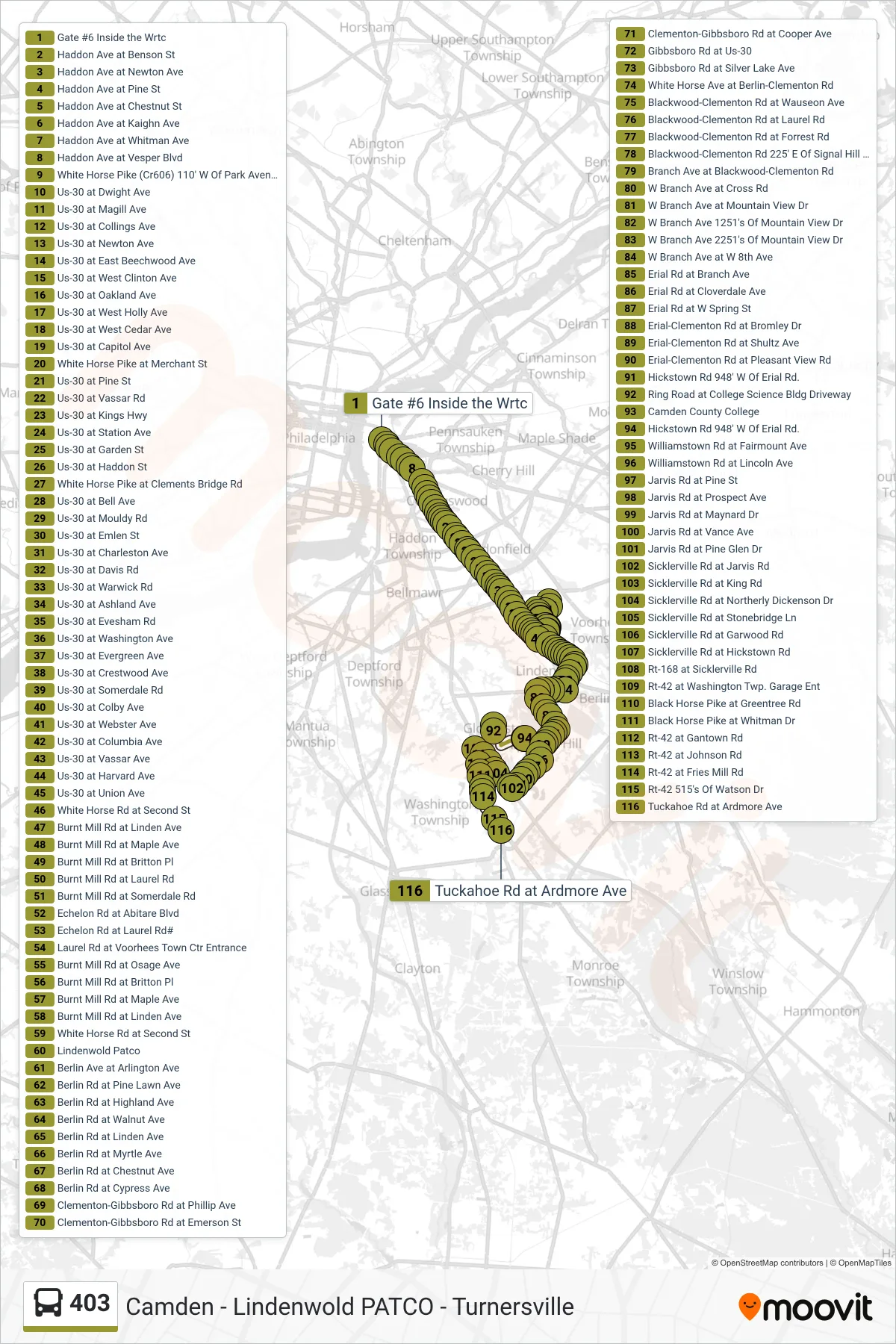 403 bus Line (Turnersville Cros Keys Com Turnersville Camdn College Turnersville Branch Avenue) route and stops on a map