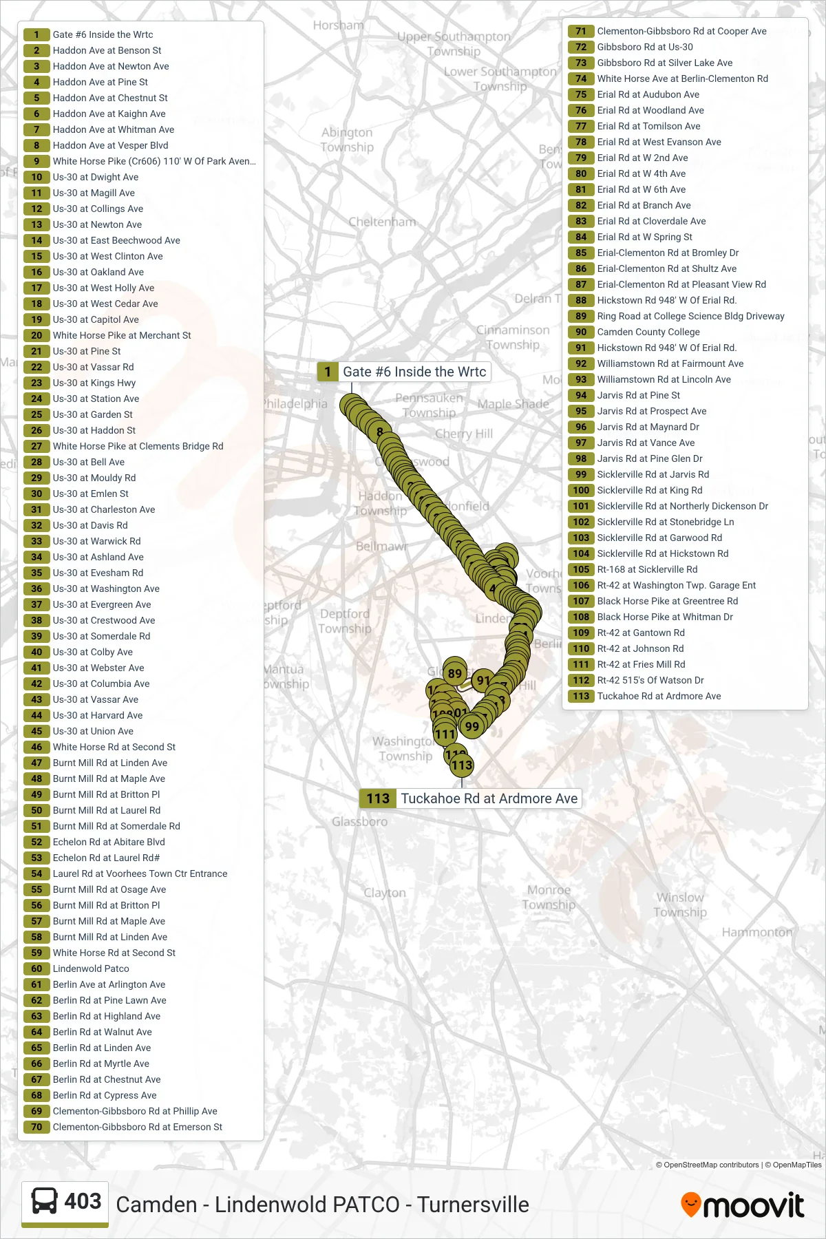403 bus Line (Turnersville Cros Keys Com Turnersville Camdn College Turnersville Voorhs Tn Ctr) route and stops on a map