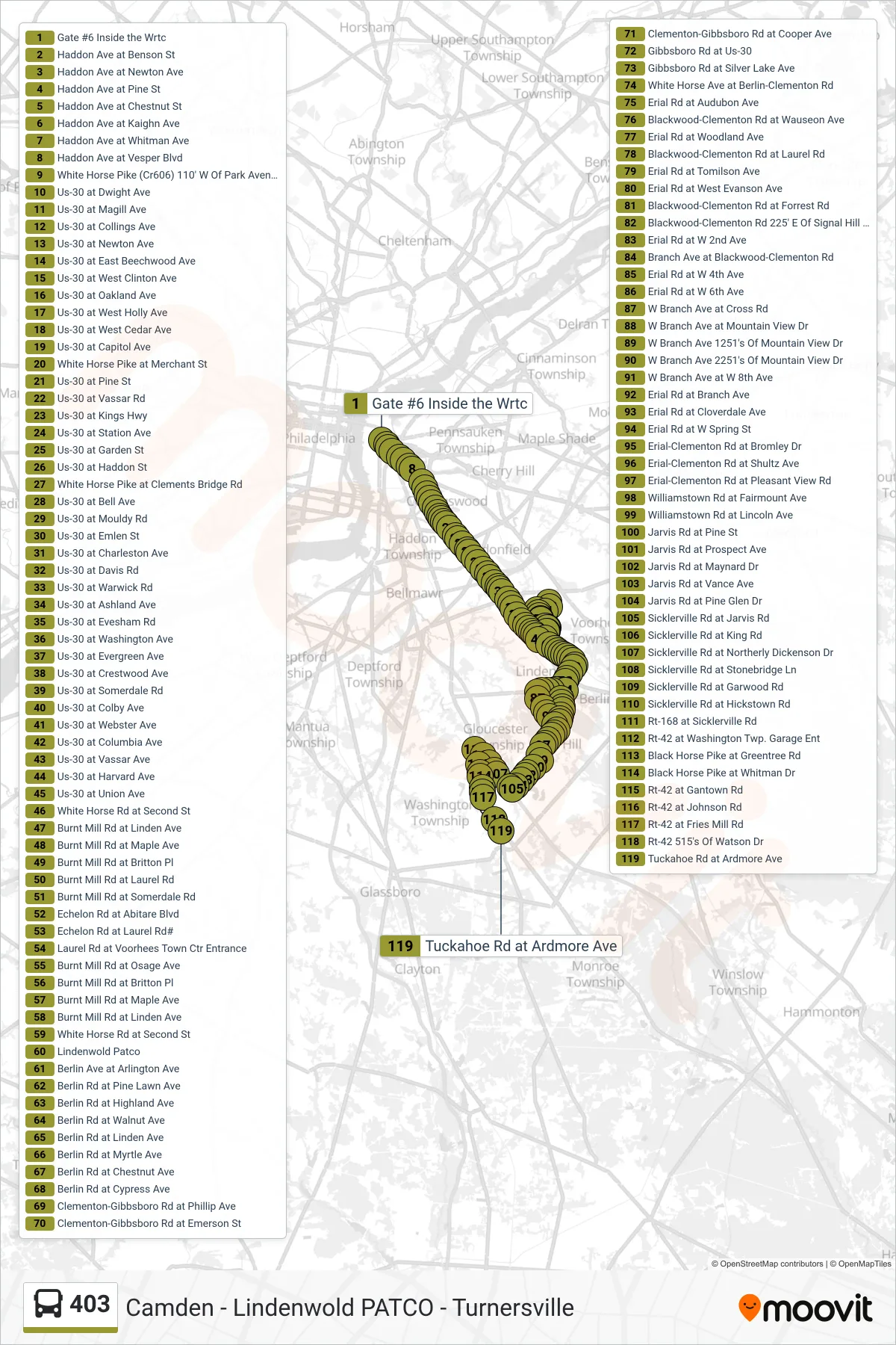 403 bus Line (Turnersville Cros Keys Com Turnersville Voorhs Tn Ctr Turnersville Branch Avenue) route and stops on a map