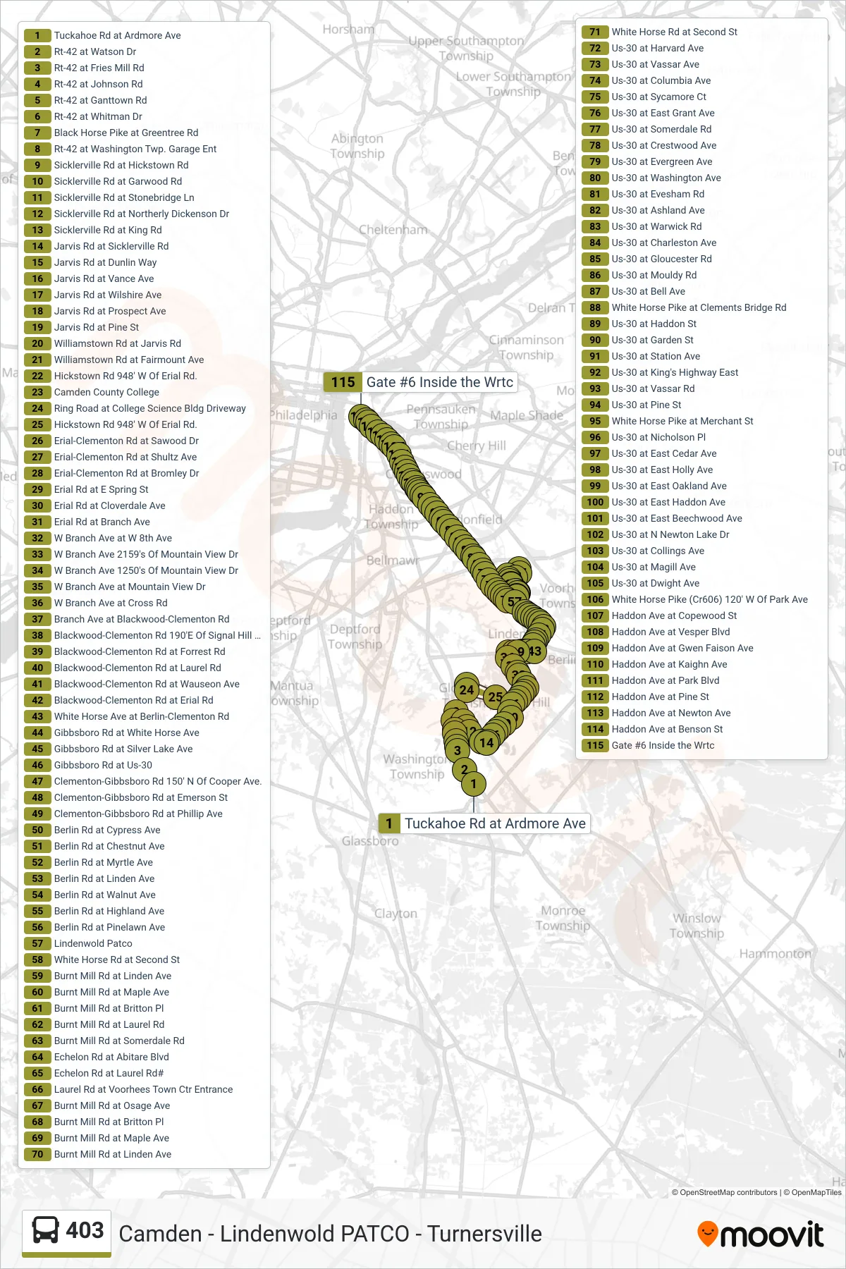 403 bus Line (Camdn College Voorhs Tn Ctr Camdn College Branch Avenue) route and stops on a map