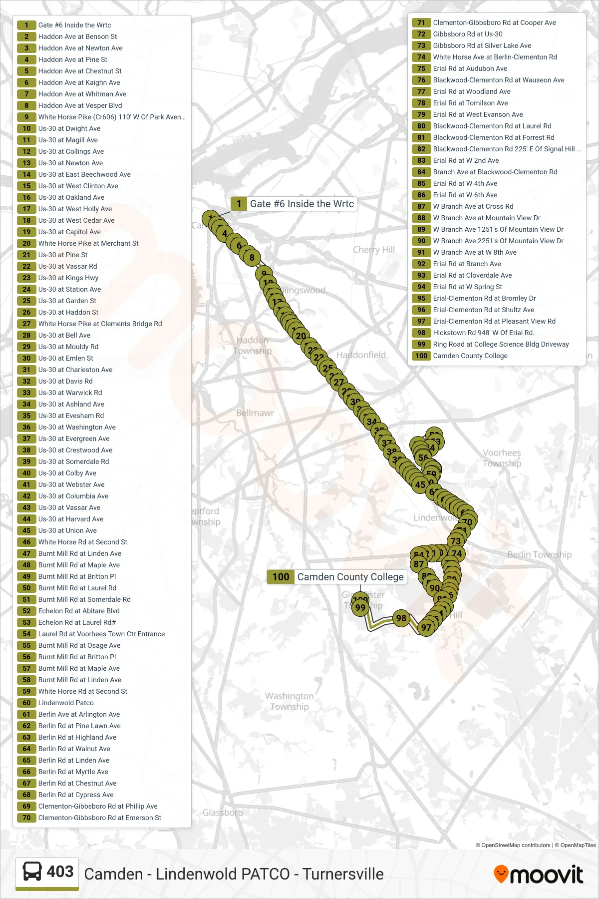403 bus Line (Camdn College Voorhs Tn Ctr Camdn College Branch Avenue) route and stops on a map