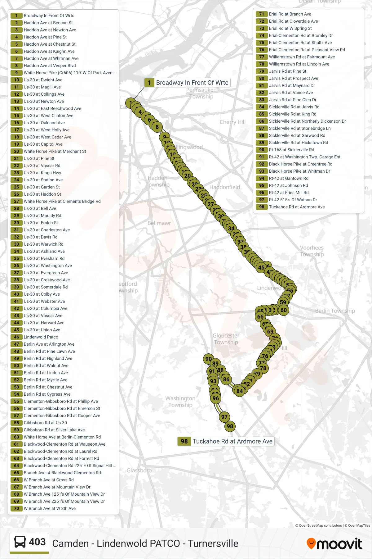 403 bus Line (Turnersville Cros Keys Com Turnersville Branch Avenue) route and stops on a map
