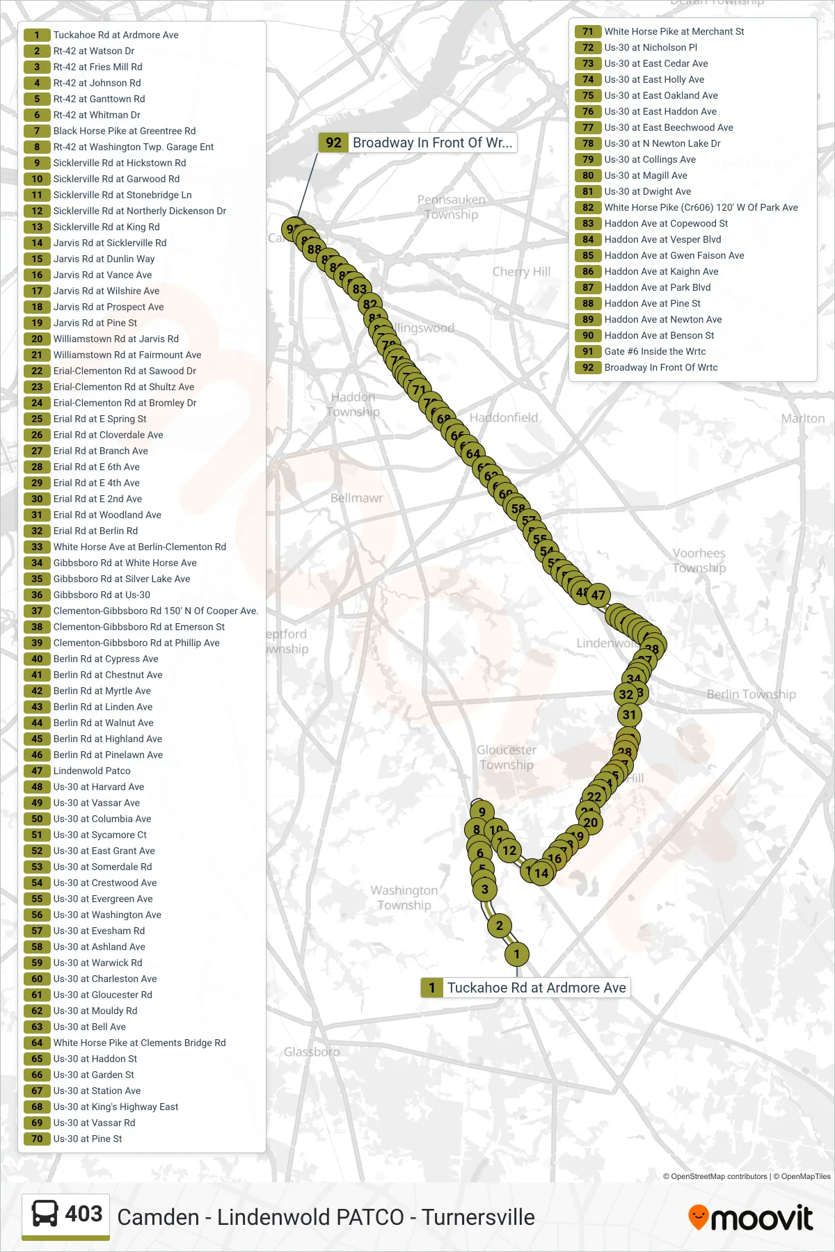 403 bus Line (Camden) route and stops on a map