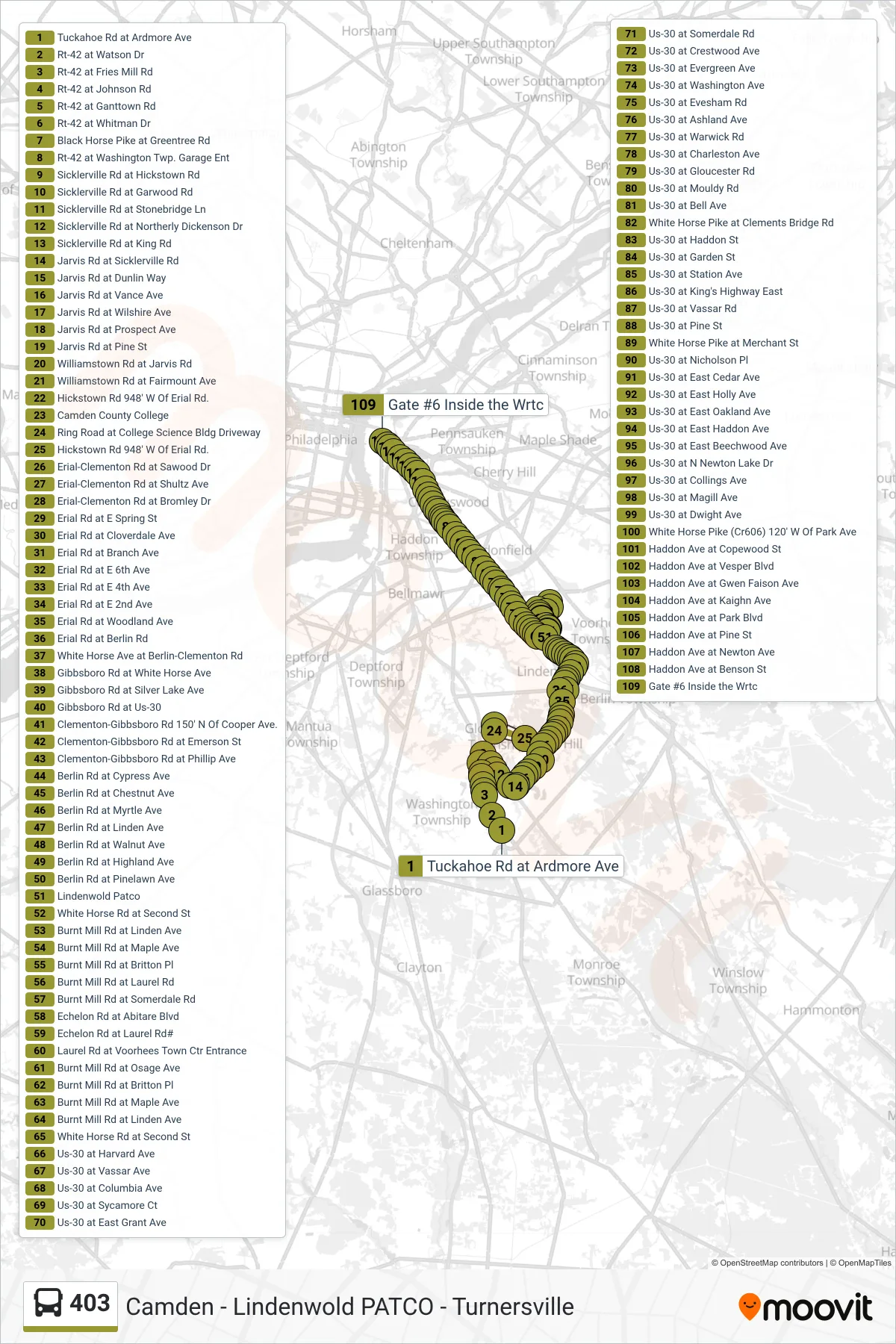 403 bus Line (Camden Via Voorhs Tn Ctr Camden Via Camdn College) route and stops on a map
