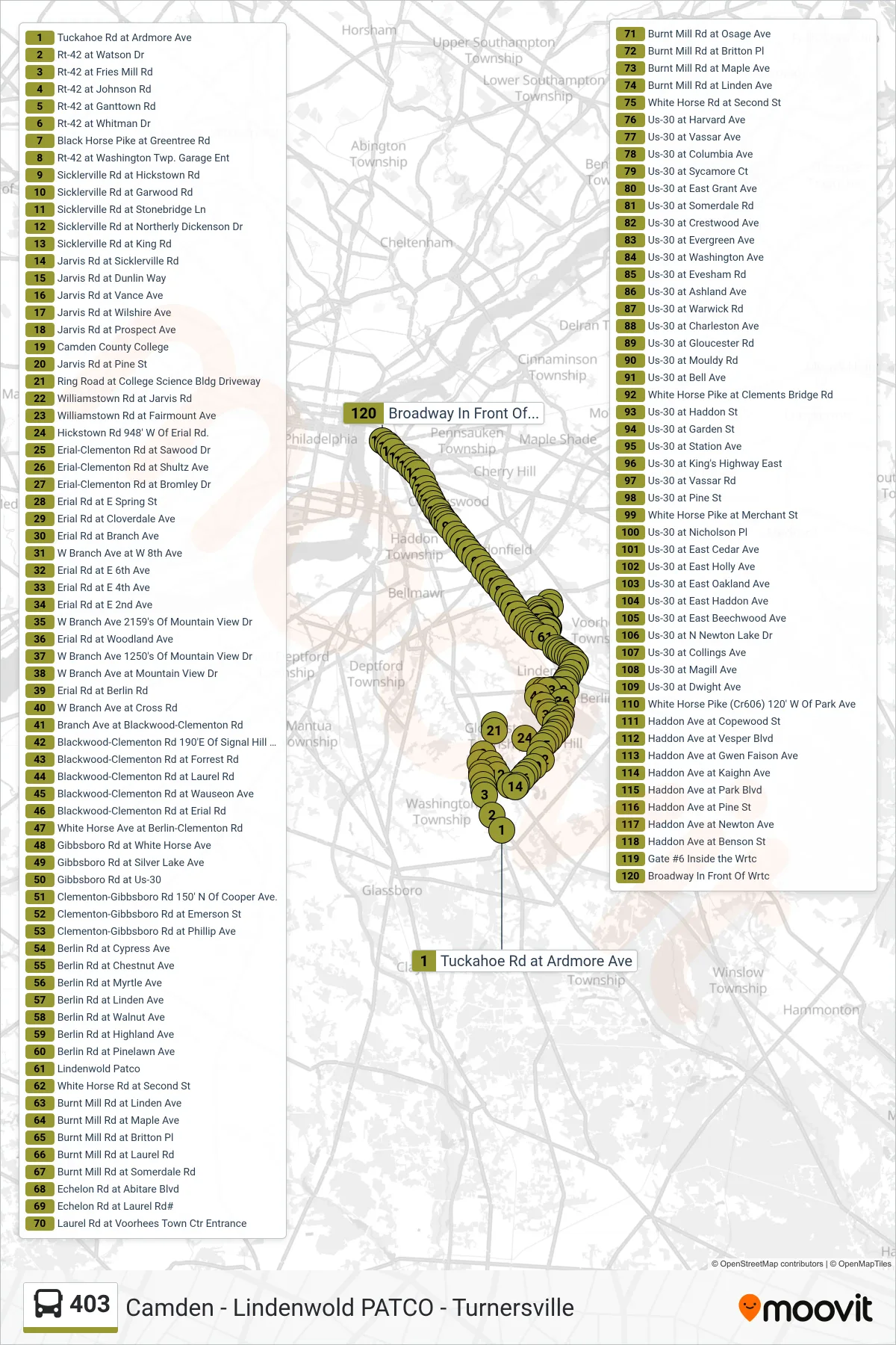 403 bus Line (Camden Via Voorhs Tn Ctr Camden Via Branch Avenue) route and stops on a map