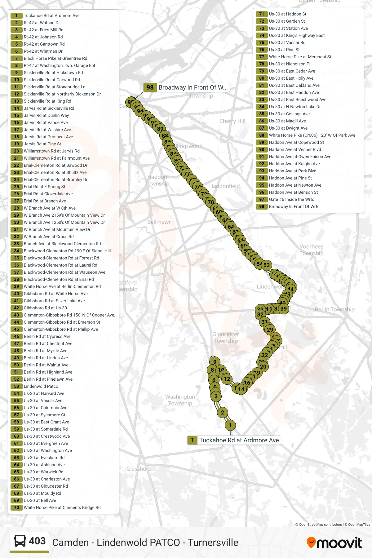 403 bus Line (Camden Via Branch Avenue) route and stops on a map
