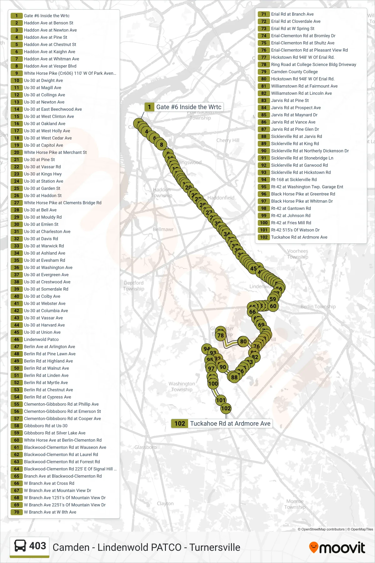 403 bus Line (Turnersville Branch Avenue Turnersville Camdn College) route and stops on a map