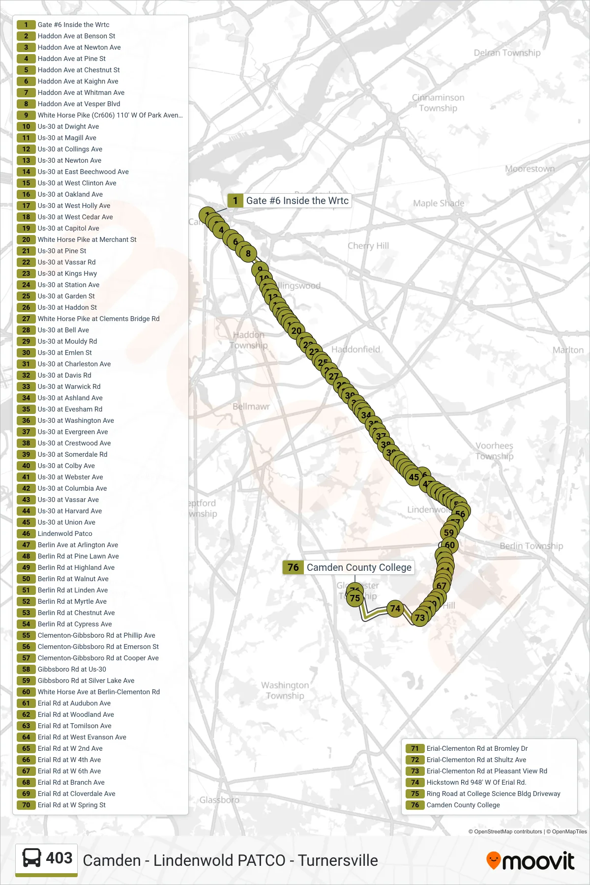 403 bus Line (Camdn College) route and stops on a map