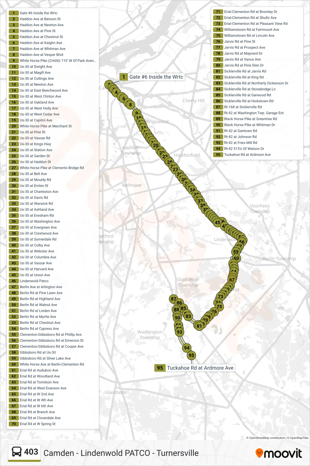 403 bus Line (Turnersville Cros Keys Com) route and stops on a map