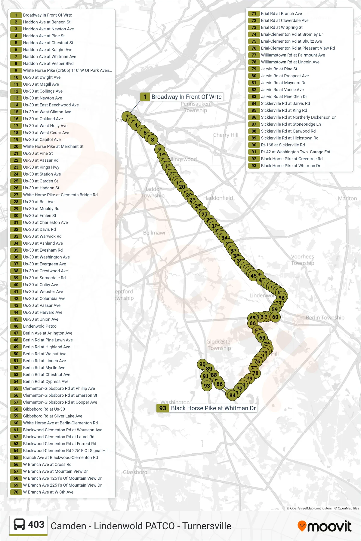 403 bus Line (Turnersville Branch Avenue) route and stops on a map