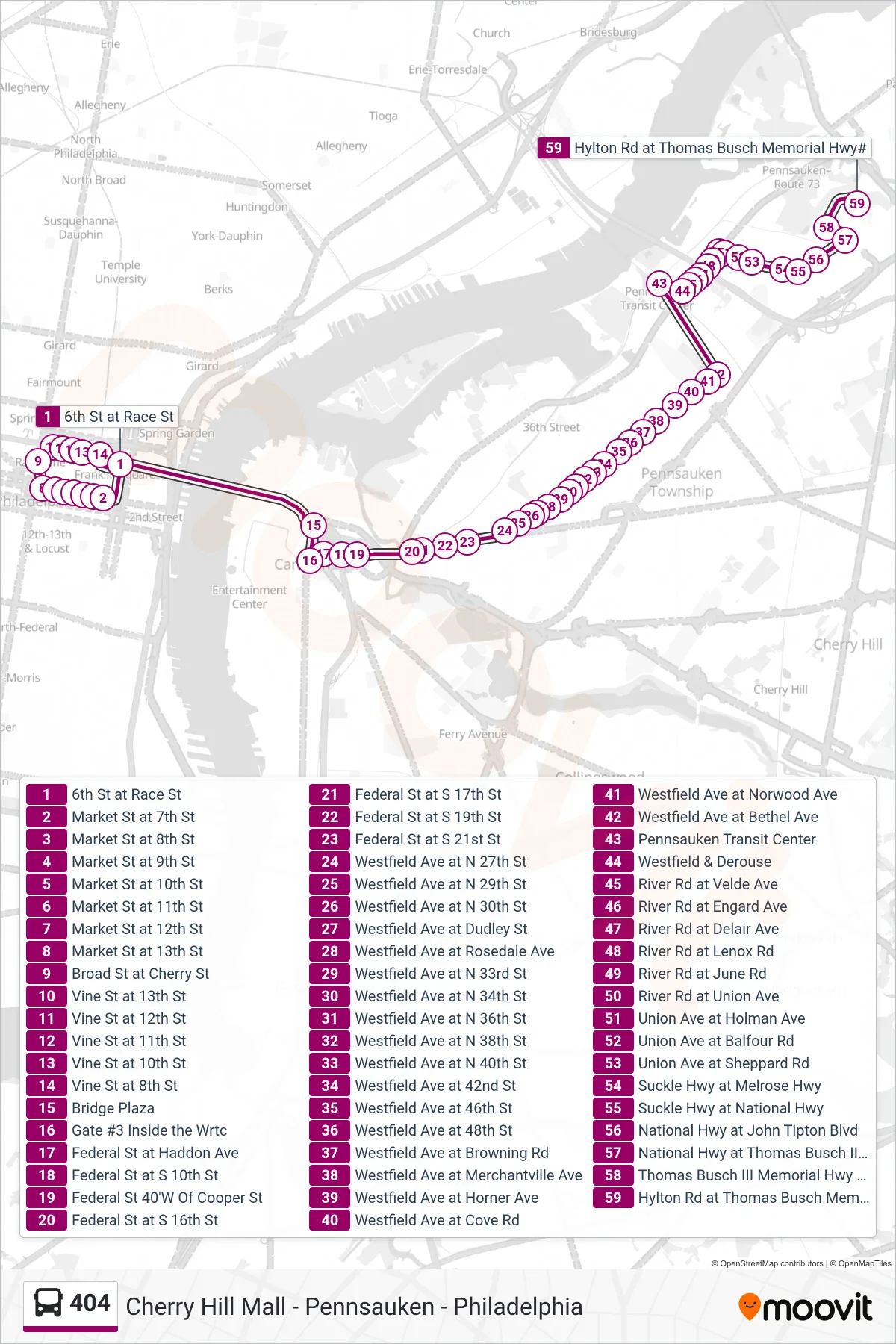 404 bus Line (Pennsauken Indust Park) route and stops on a map