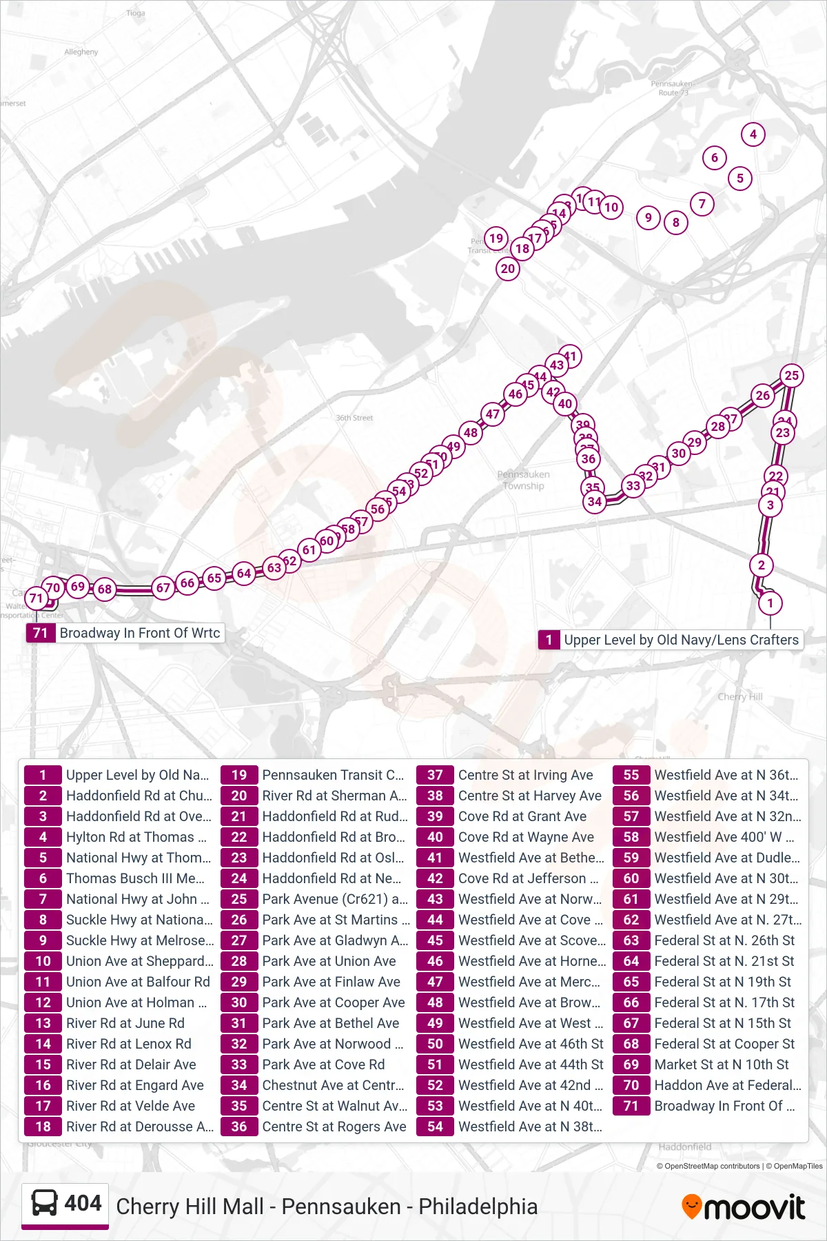 404 bus Line (Camden Wrtc) route and stops on a map