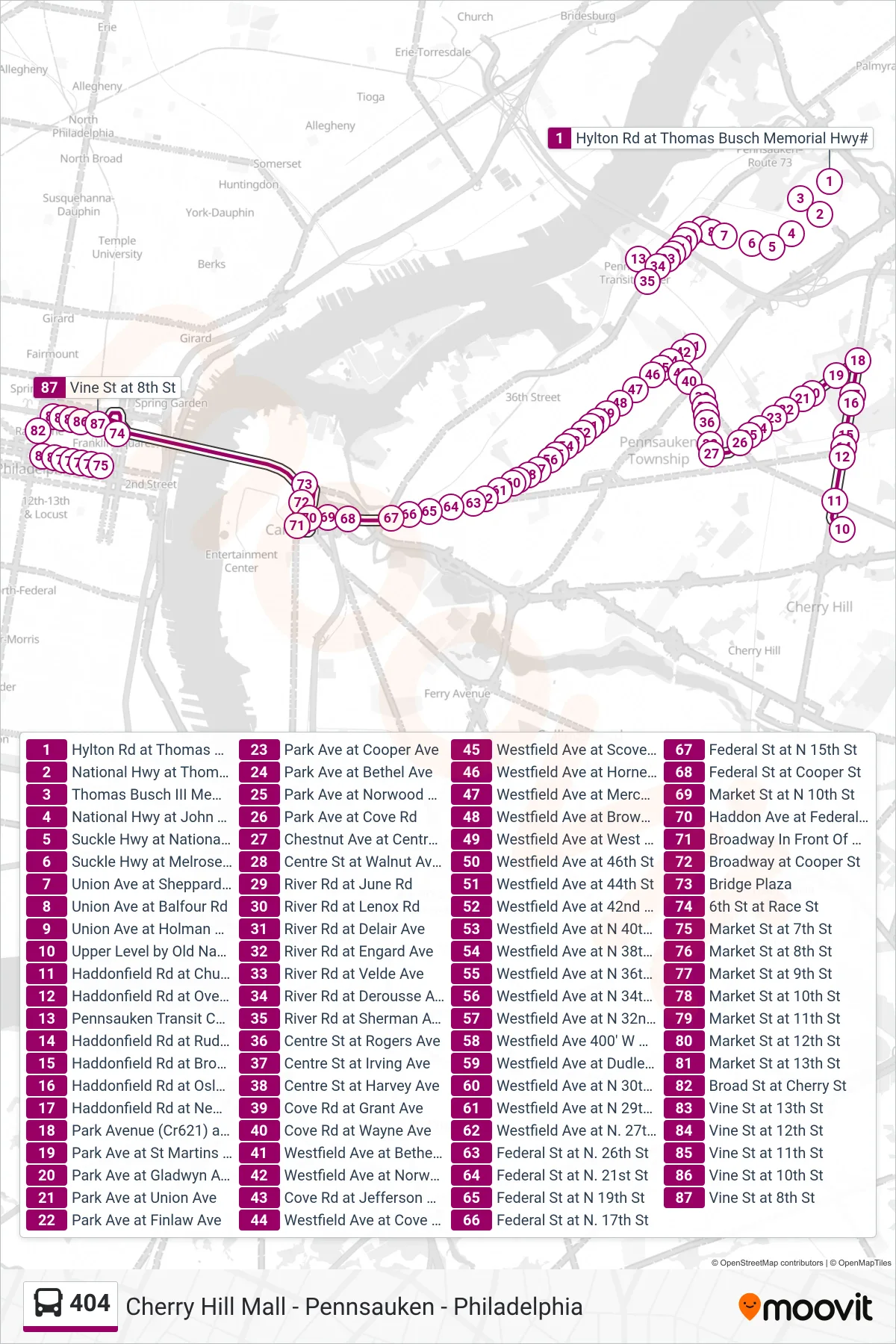 404 bus Line (Philadelphia) route and stops on a map