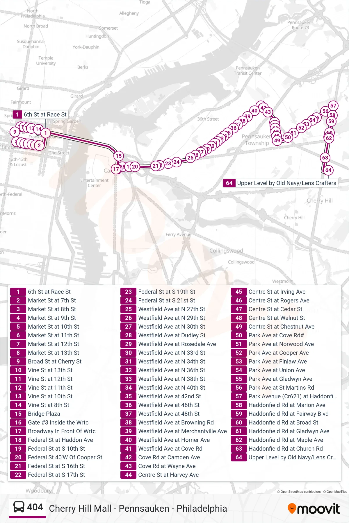 404 bus Line (Cherry Hill Mall) route and stops on a map