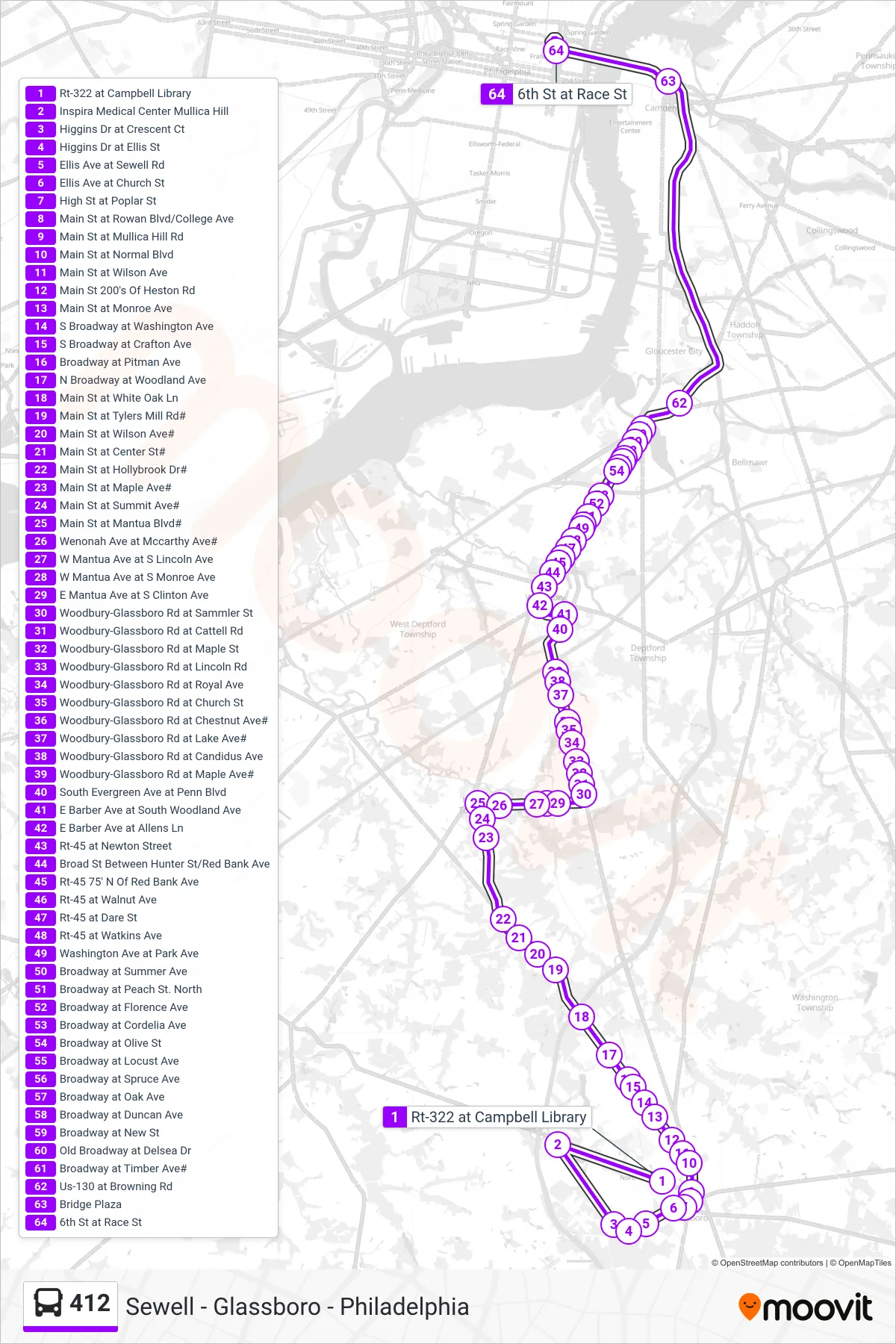 412 bus Line (Phily Exp Via Brooklawn) route and stops on a map