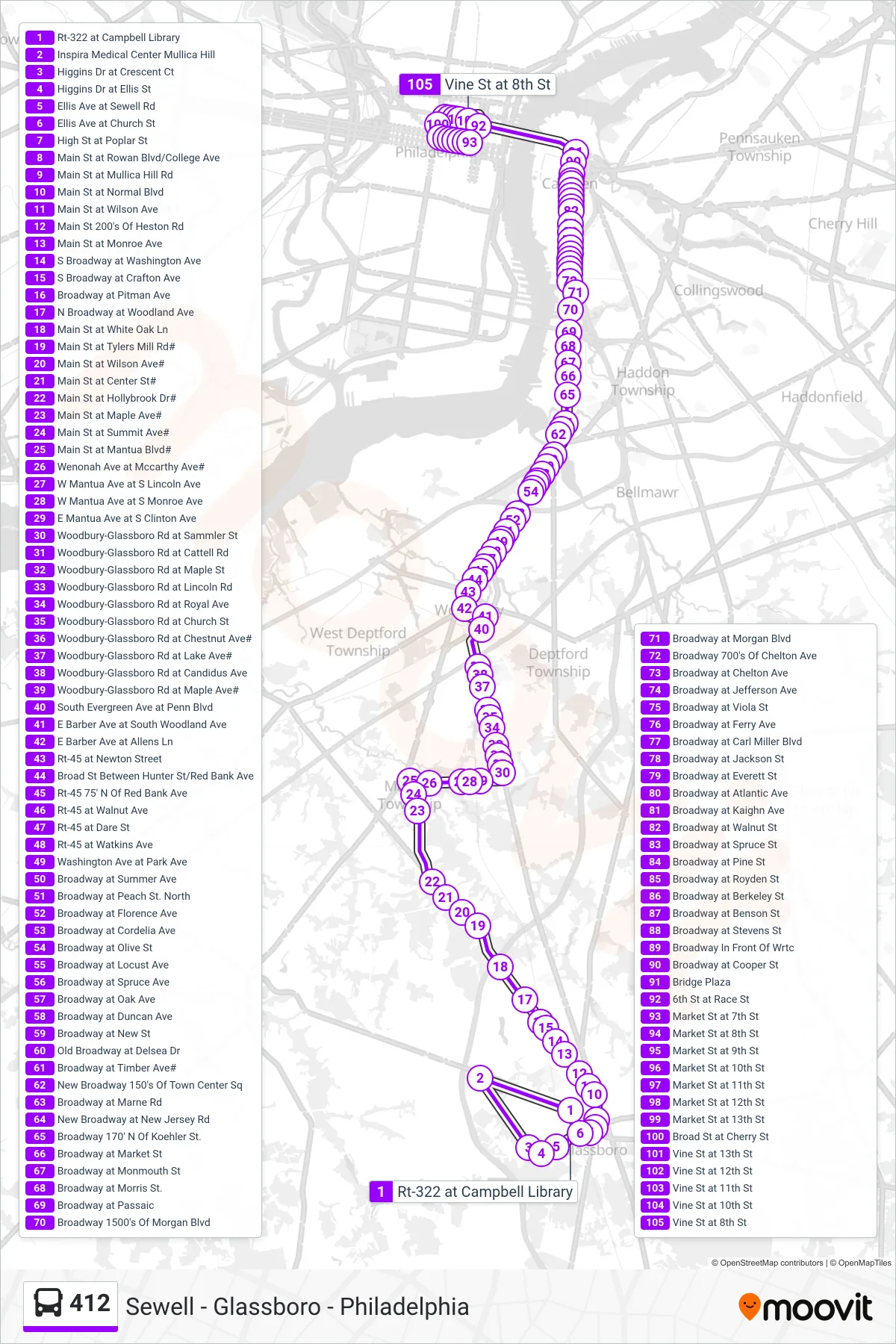 412 bus Line (Philadelphia) route and stops on a map