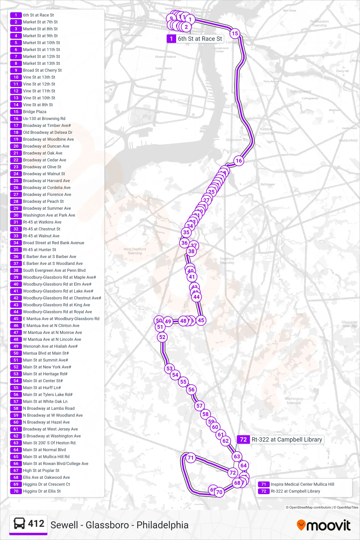 412 bus Line (Brooklawn Exp Glassboro) route and stops on a map