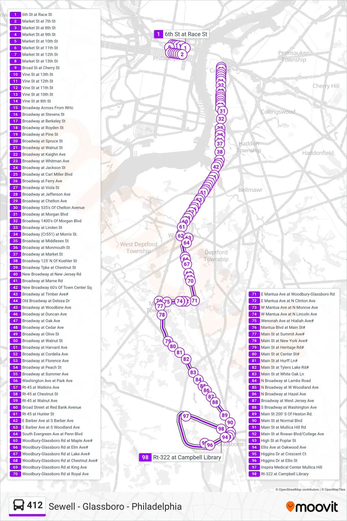 412 bus Line (Glassboro) route and stops on a map