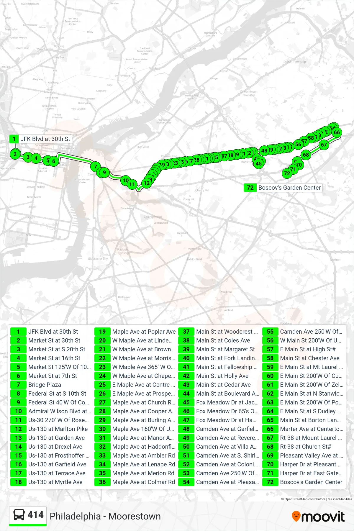 414 bus Line (Moorestown Mall) route and stops on a map