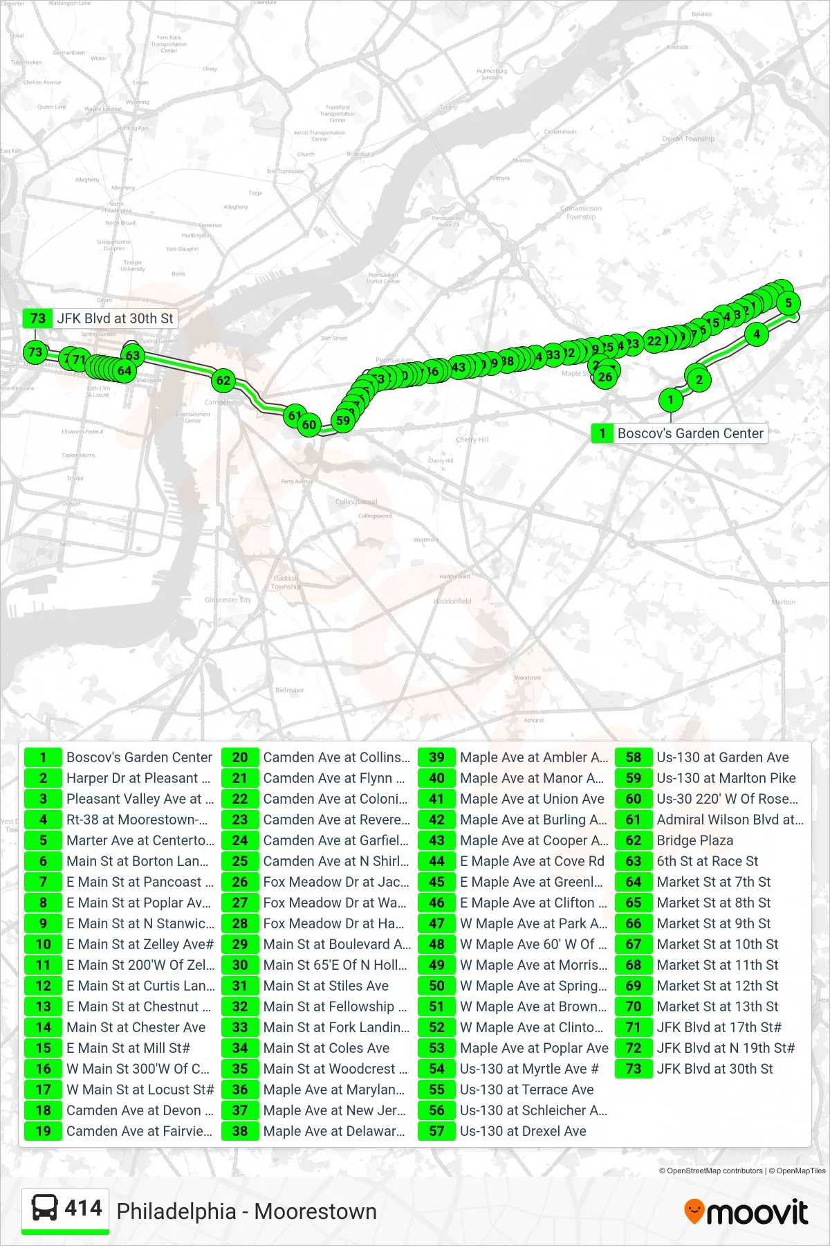 414 bus Line (Philadelphia 30th Street) route and stops on a map