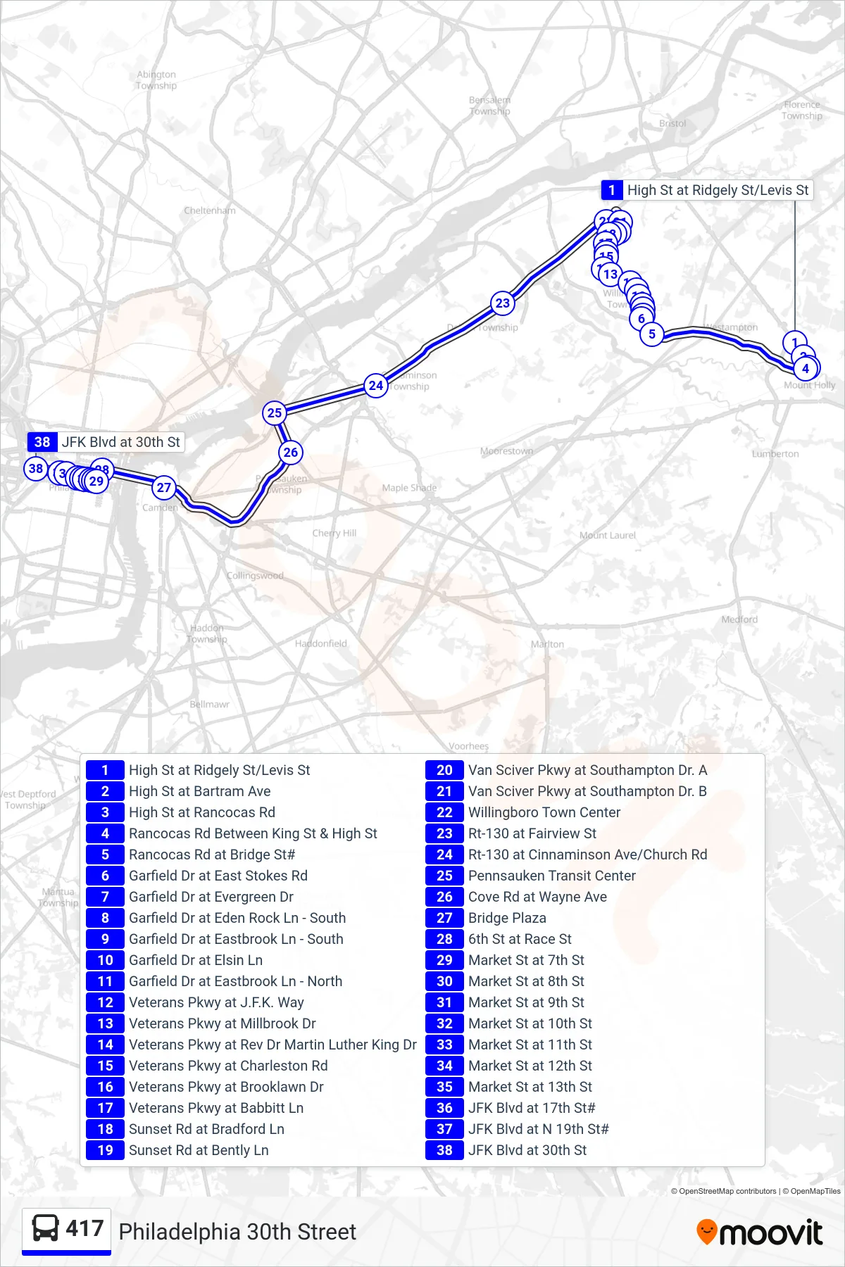 417 bus Line (Philadelphia 30th Street) route and stops on a map