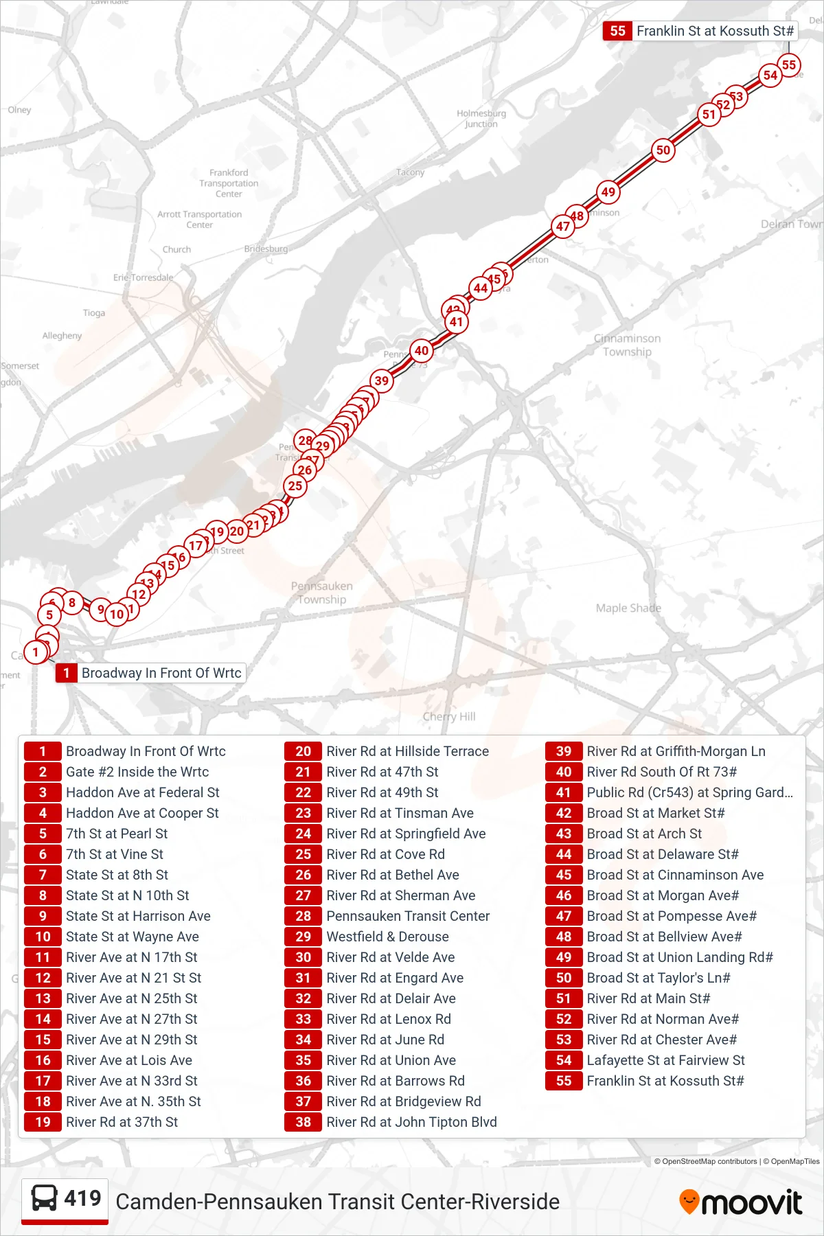419 bus Line (Riverside) route and stops on a map