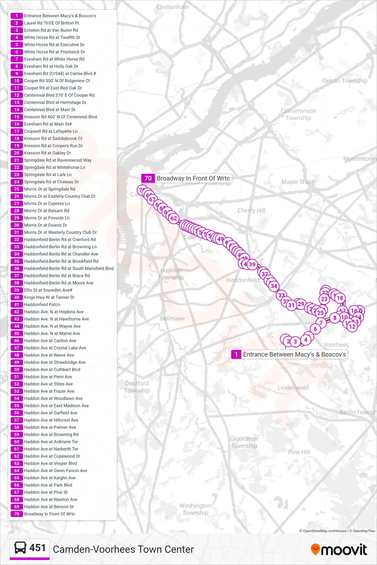 451 bus Line (Camden Wrtc) route and stops on a map