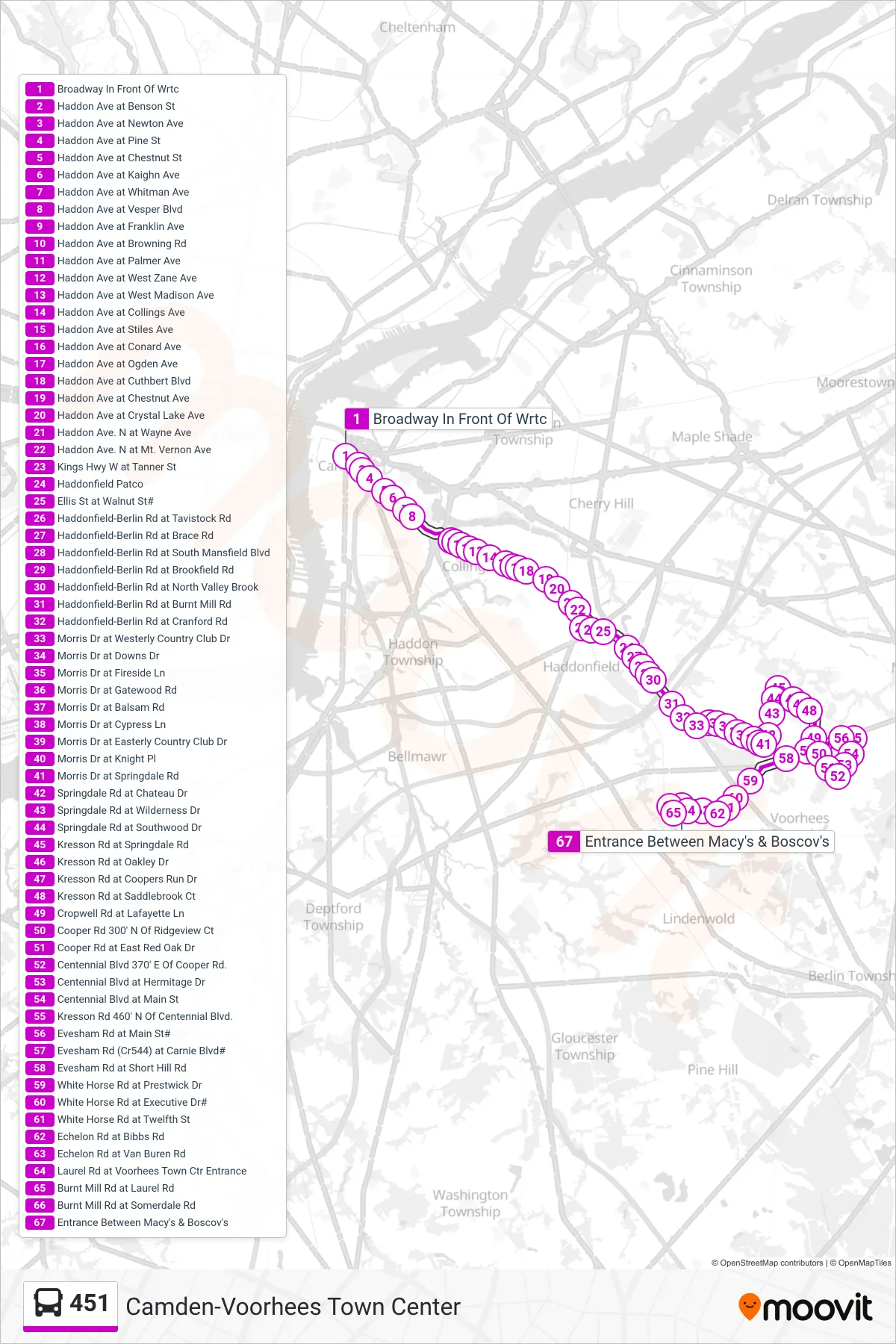 451 bus Line (Voorhees Town Ctr) route and stops on a map