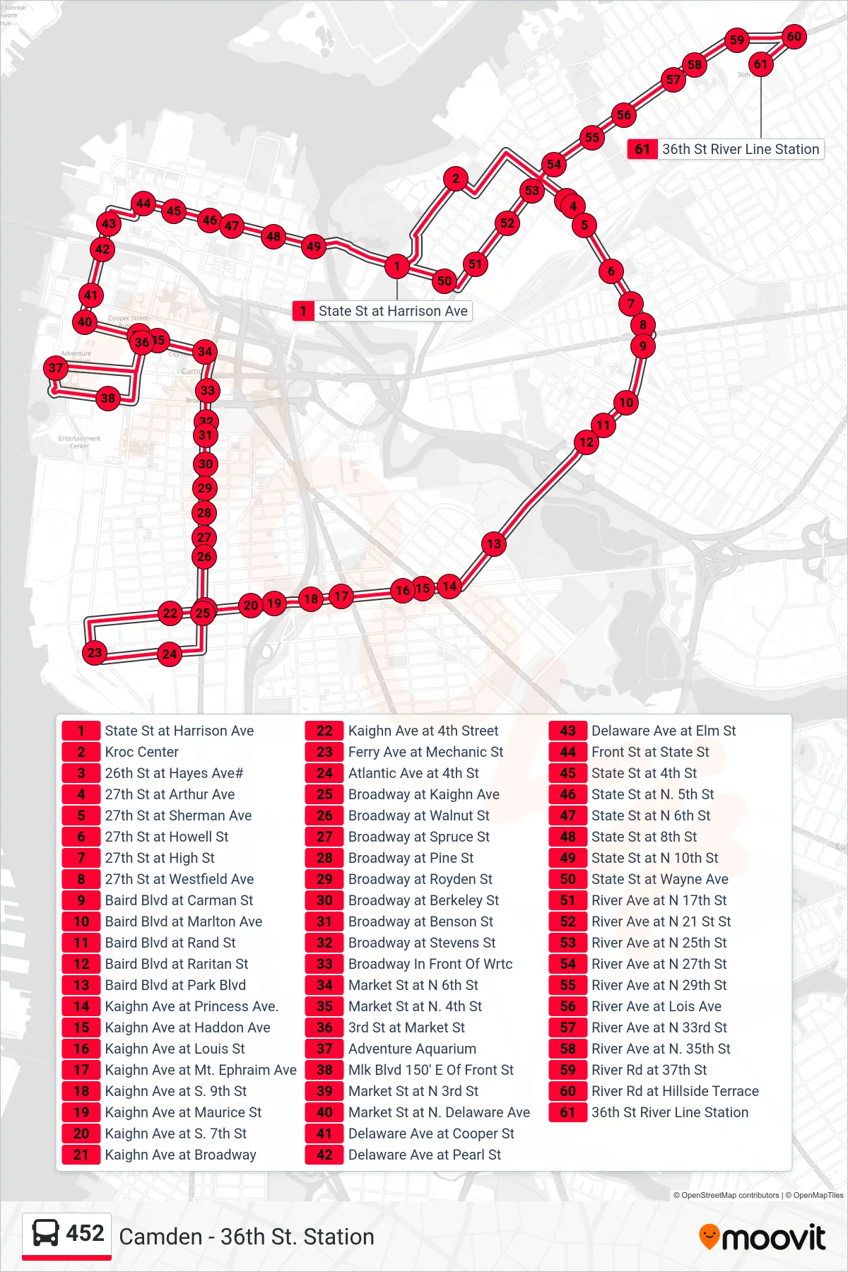 452 bus Line (36th St Station) route and stops on a map