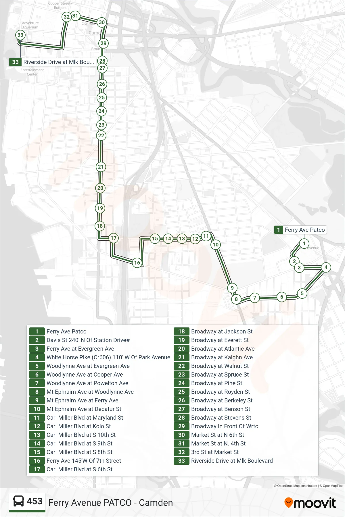 453 bus Line (Camden Riverside Dr) route and stops on a map