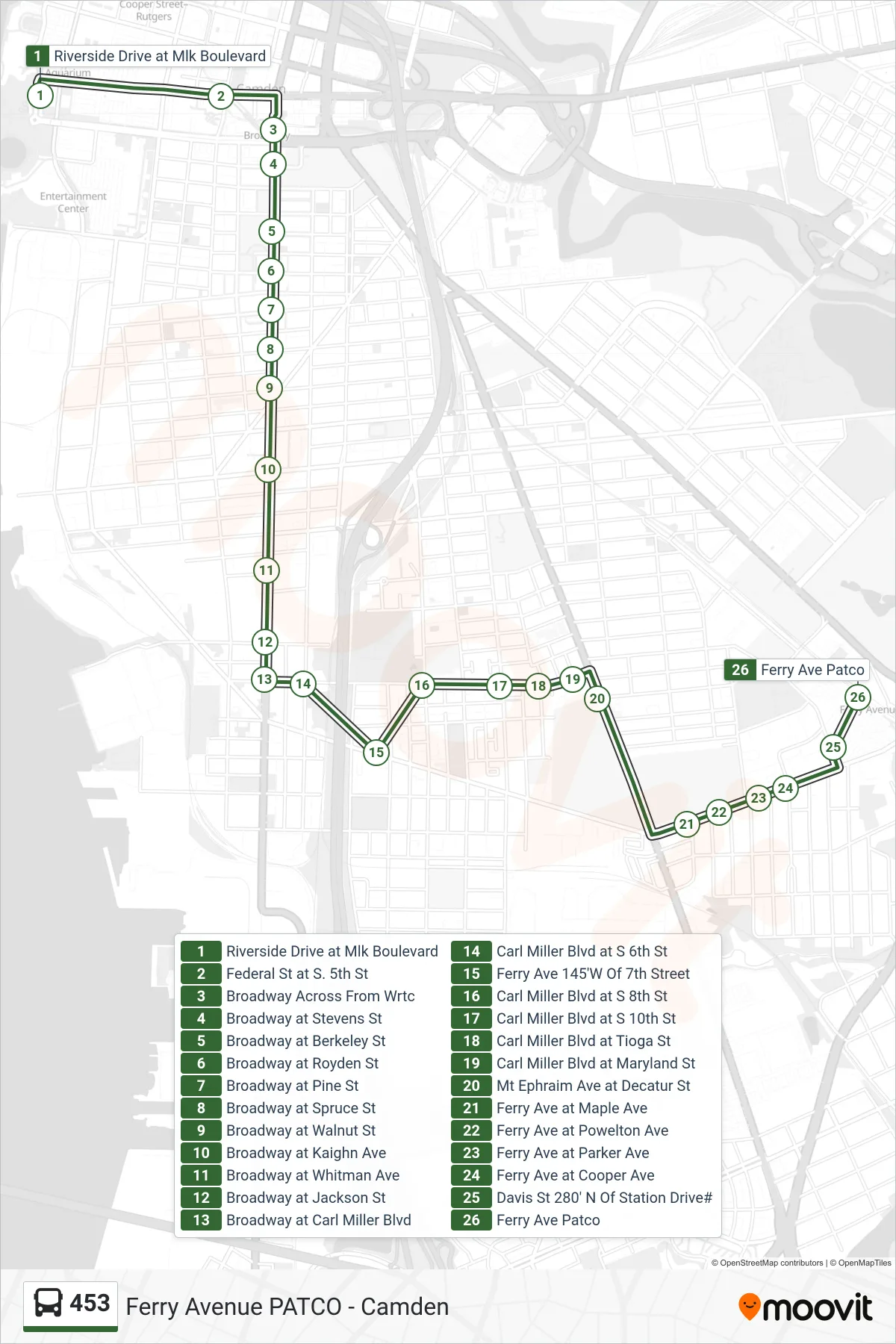 453 bus Line (Ferry Ave Patco) route and stops on a map
