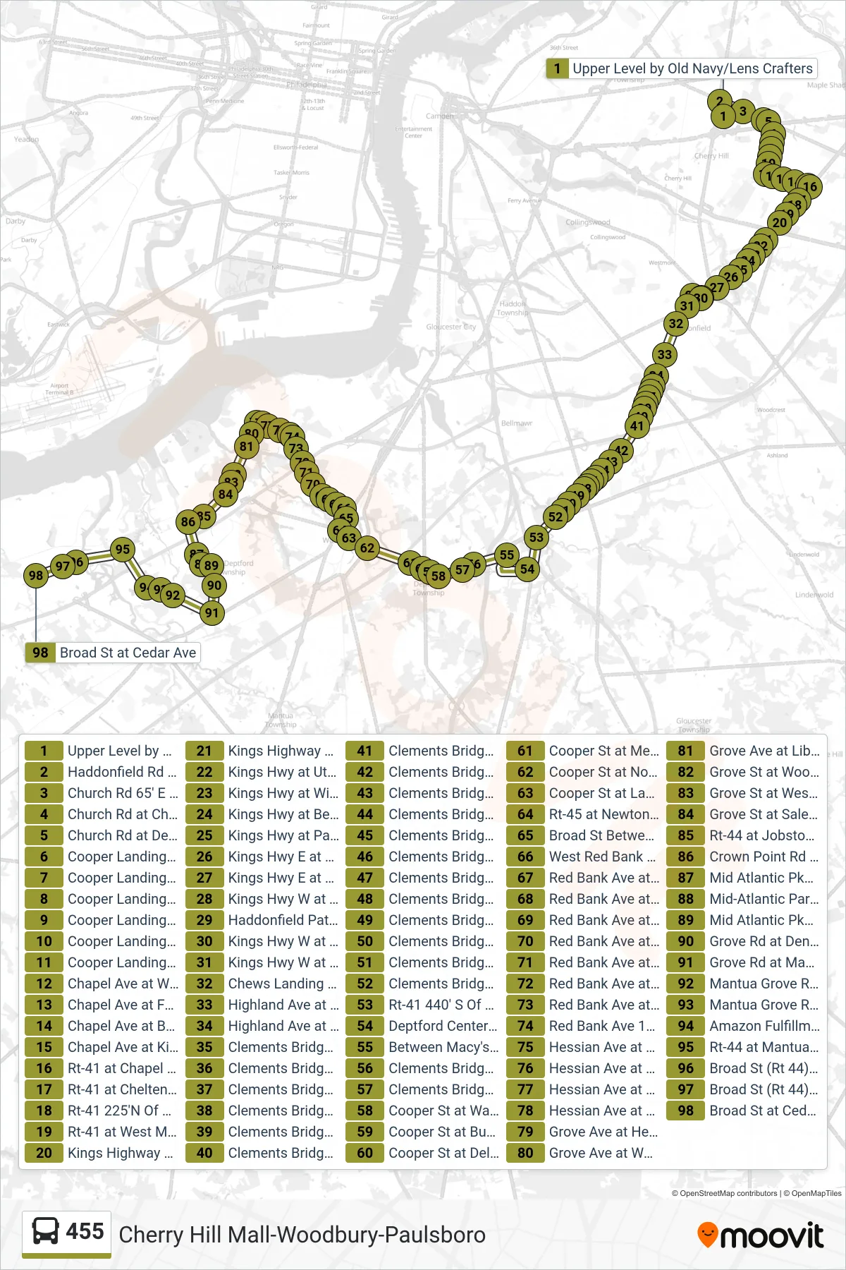 455 bus Line (Paulsboro) route and stops on a map