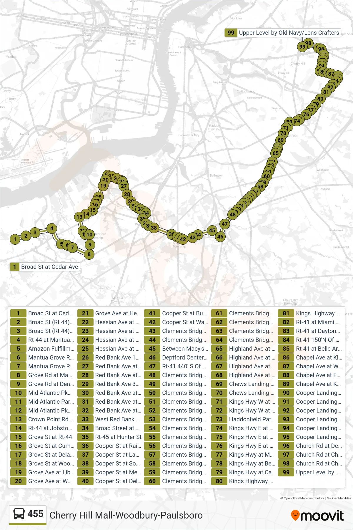 455 bus Line (Cherry Hill Mall) route and stops on a map