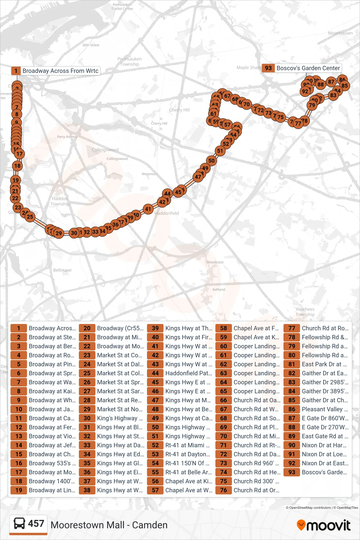 457 bus Line (Moorestown Mall Via Gaither Drive) route and stops on a map