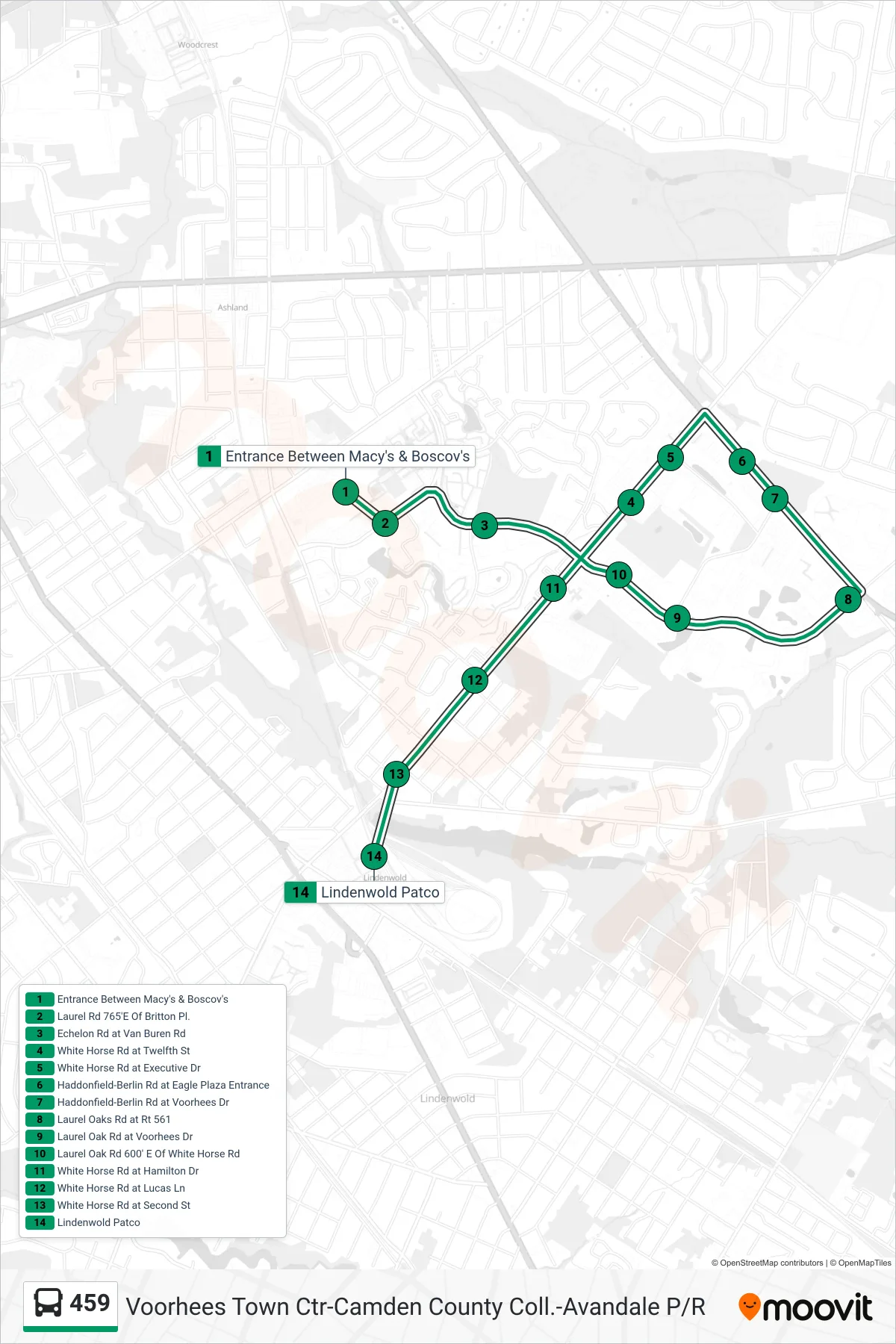 459 bus Line (Lindenwold Patco) route and stops on a map