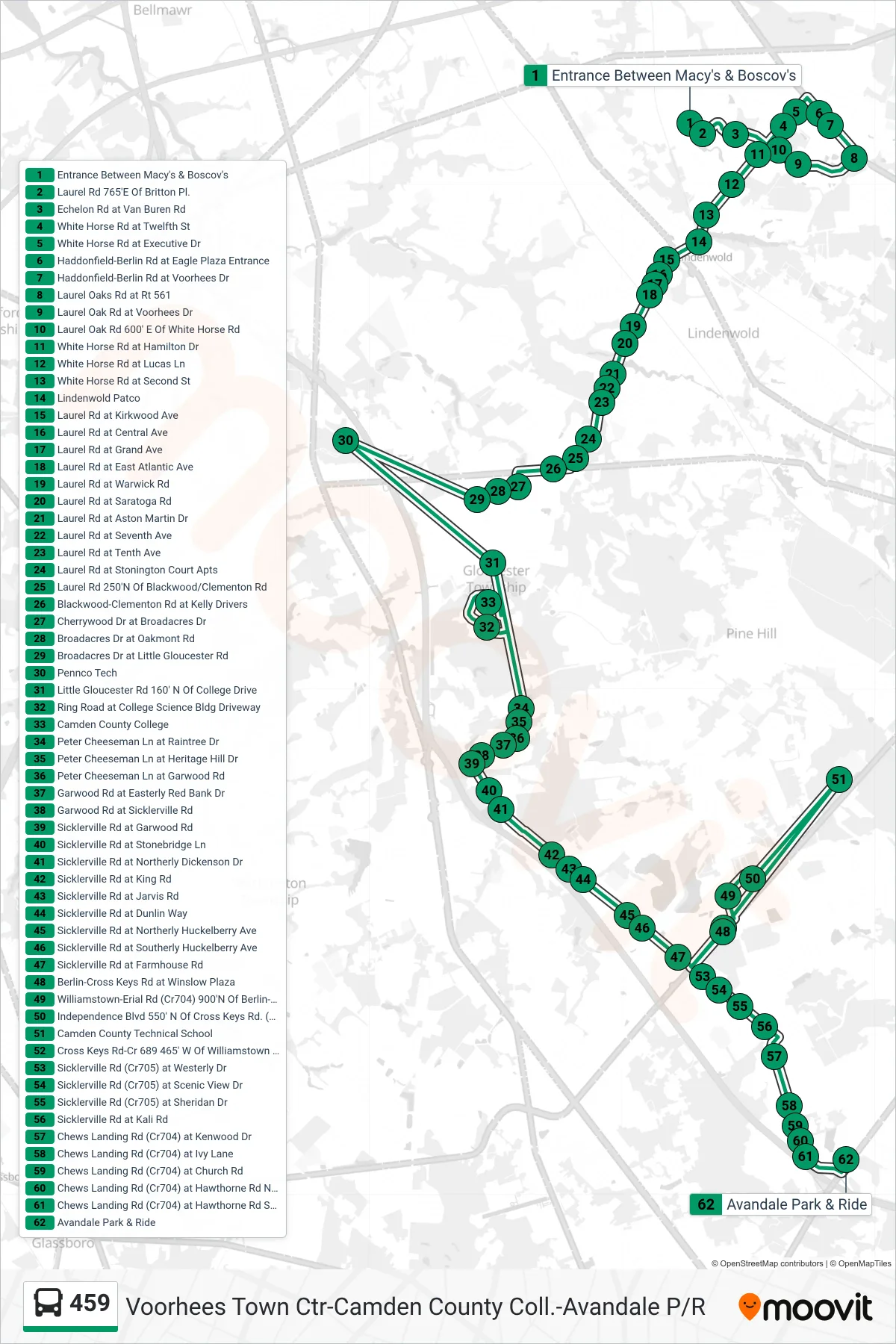 459 bus Line (Avandale Pennco Tech Avandale Cmdn College Avandale Ccts) route and stops on a map
